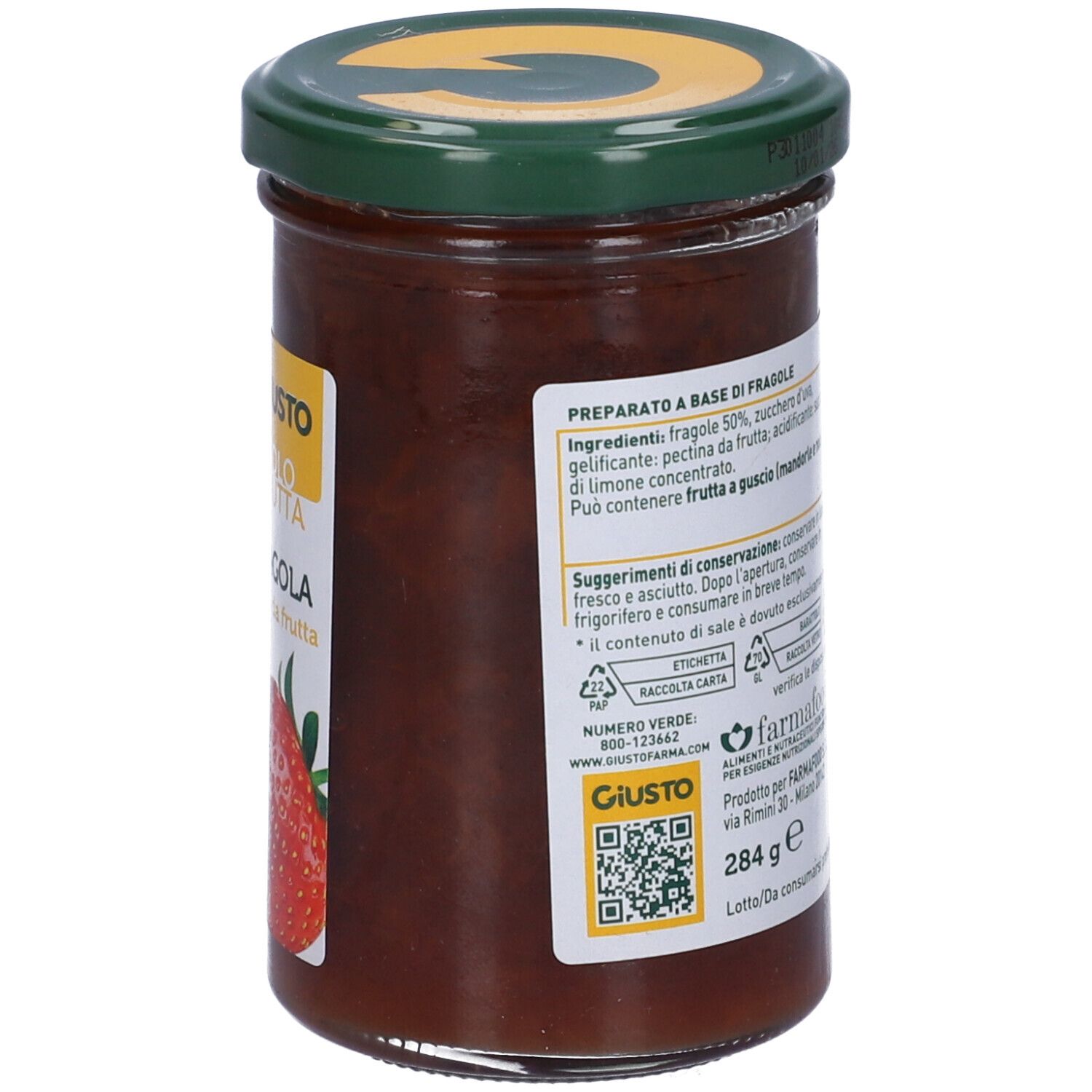 Vasetto di marmellata Giusto Fragola. Retro con ingredienti e informazioni nutrizionali. Coperchio verde.