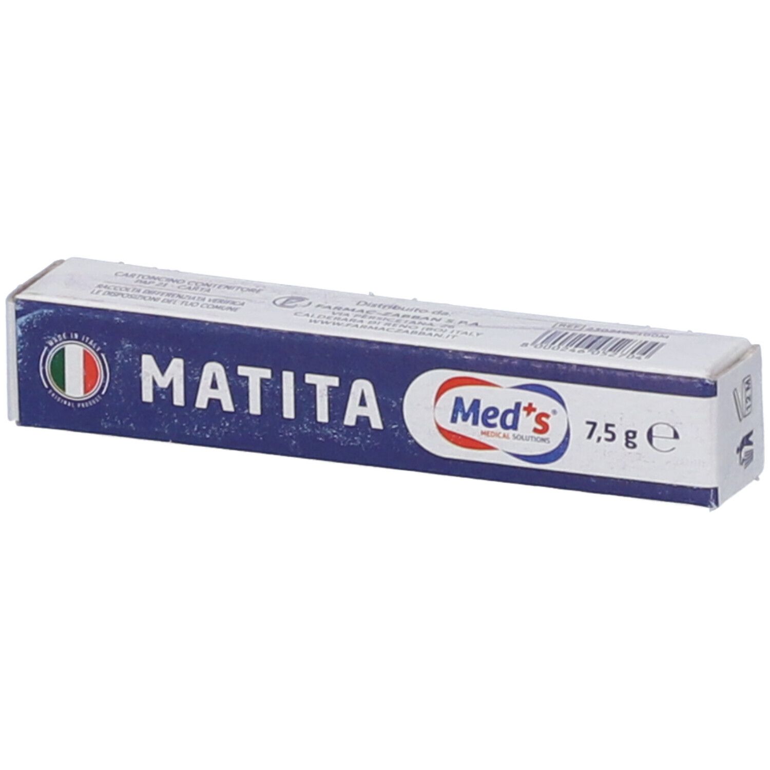 Med's Matita, tubetto da 7,5 g in astuccio. Bandiera italiana e "Made in Italy" visibili.