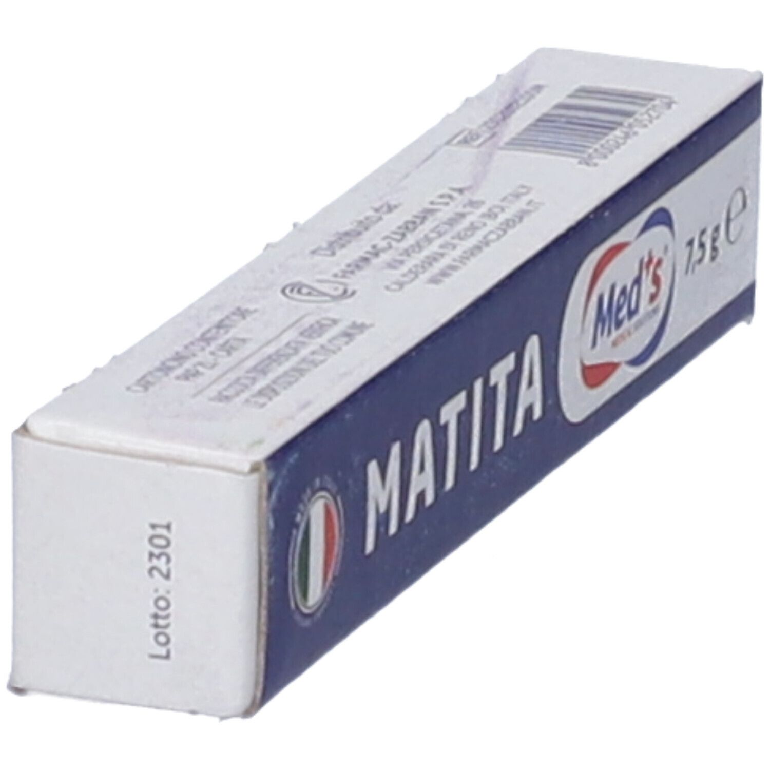 Piccola confezione bianca e blu per 'MATITA Med's 7,5g'. Include bandiera italiana e numero di lotto.