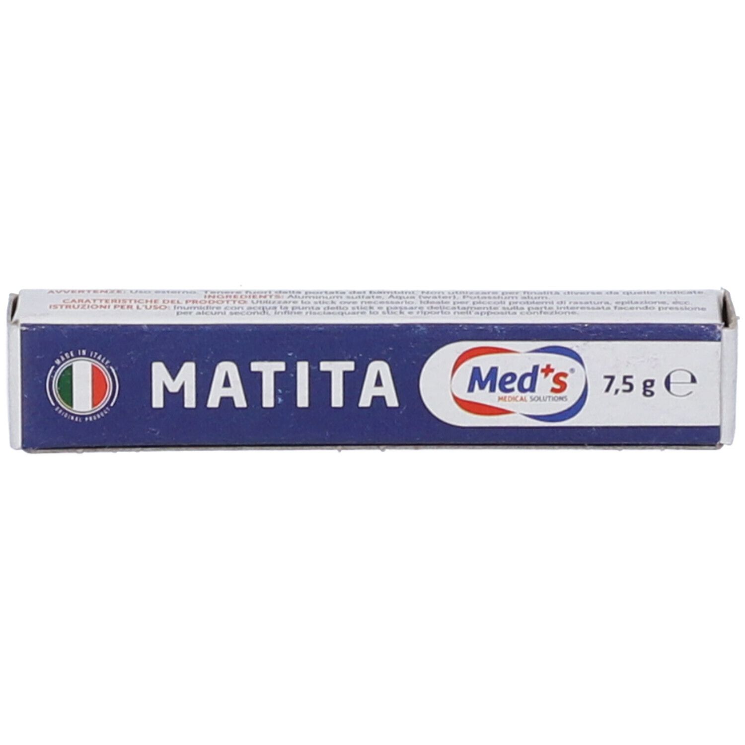 Med's Matita, tubetto da 7,5 g in astuccio. Bandiera italiana e "Made in Italy" visibili.
