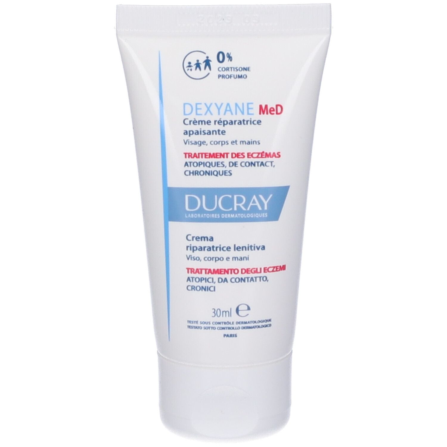 Tubo bianco con scritte blu. Crema per viso, corpo e mani. Marchio: Dexyane MeD, Ducray. 30ml.