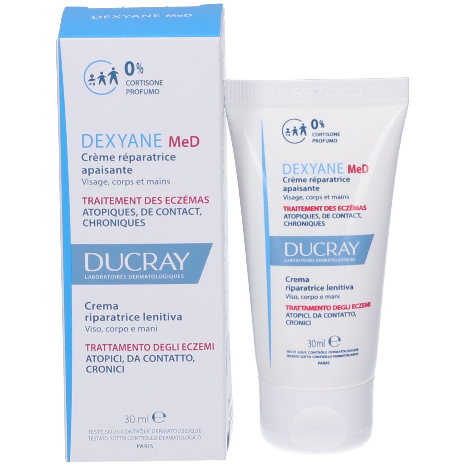 Prodotto e confezione. Tubo bianco e scatola con scritte blu. Marchio: Dexyane MeD, Ducray. 30ml.