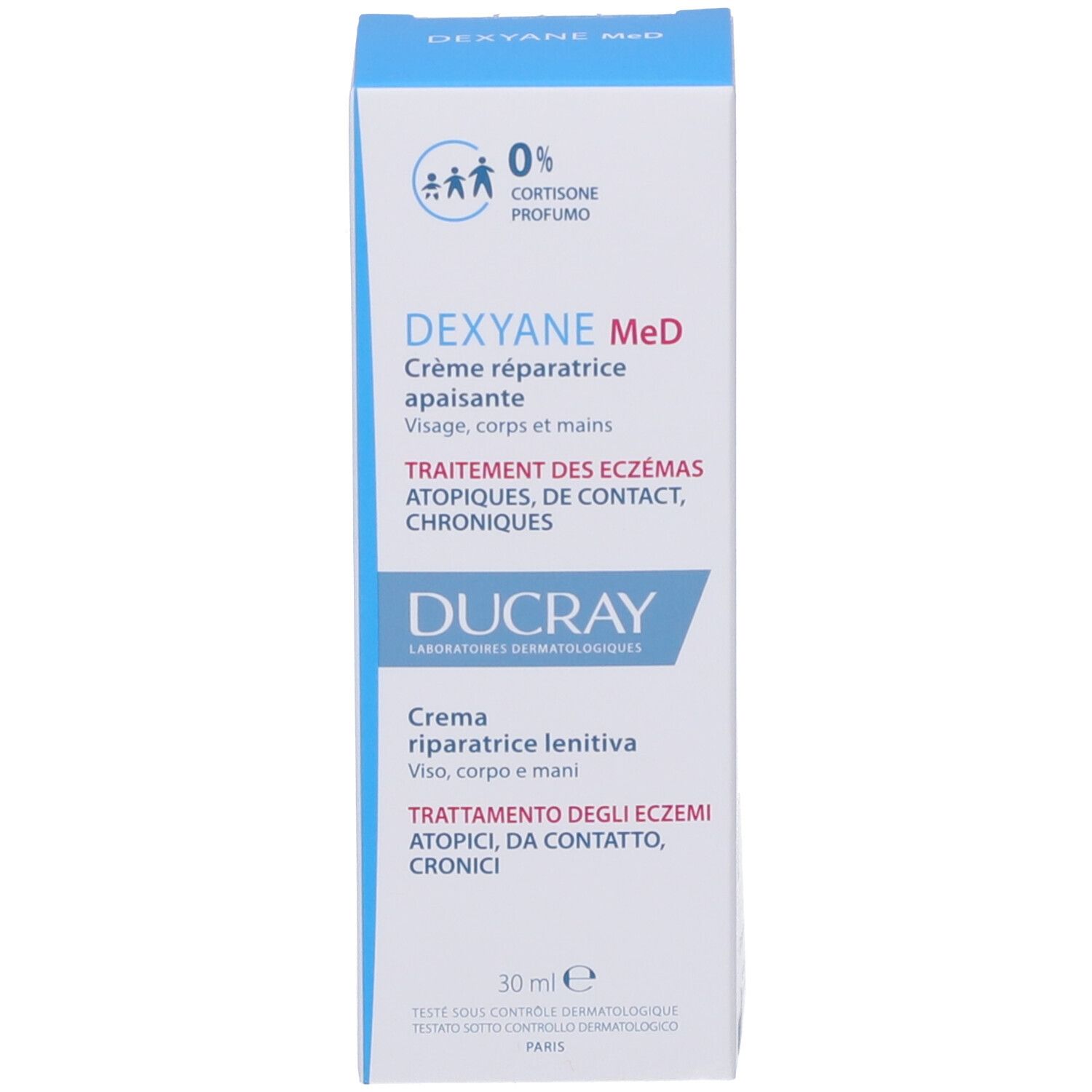 Scatola con scritte blu. Marchio: Dexyane MeD, Ducray. Crema per viso, corpo e mani. 30ml.