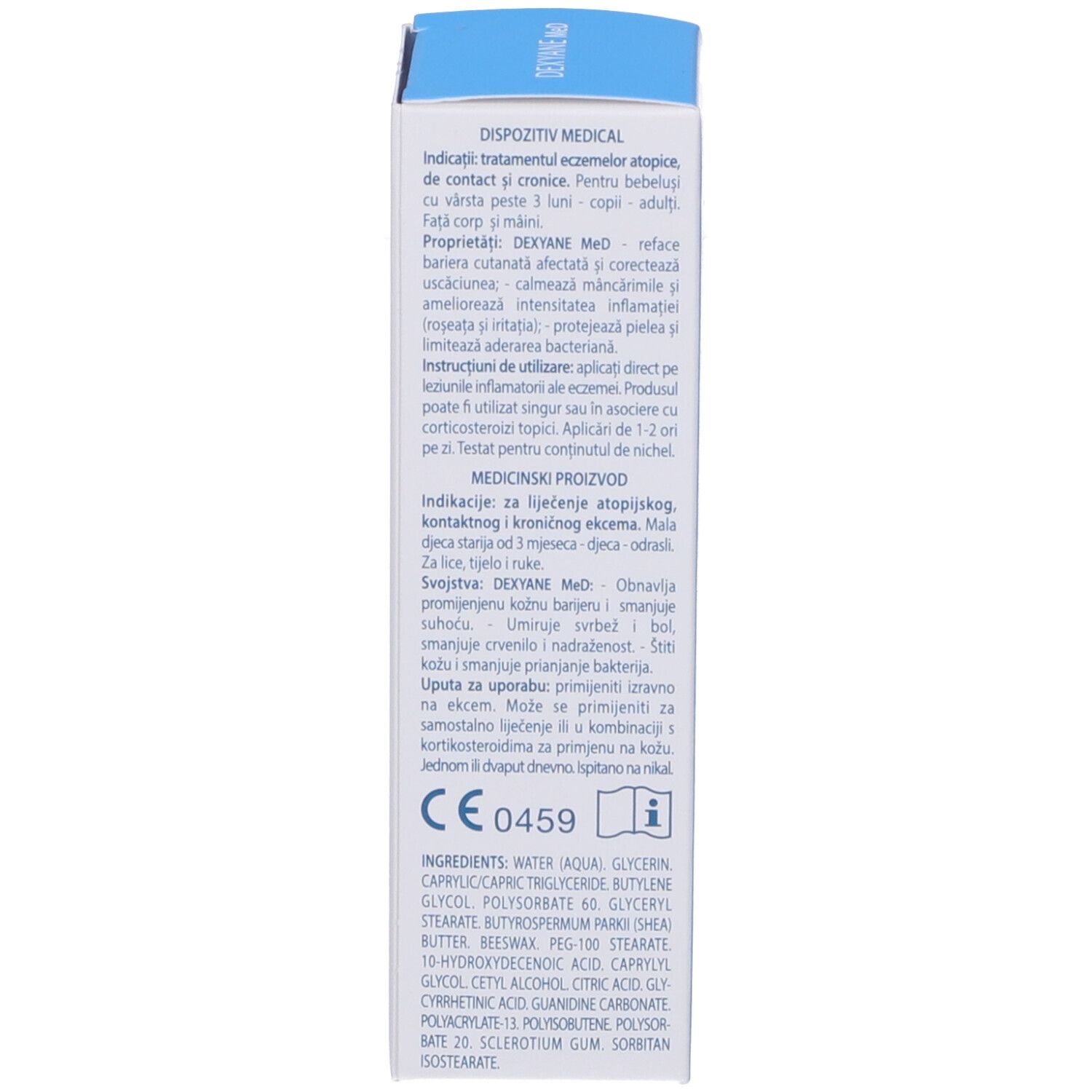 Scatola con ingredienti e informazioni mediche. Marchio: Dexyane MeD. Produttore: Pierre Fabre.