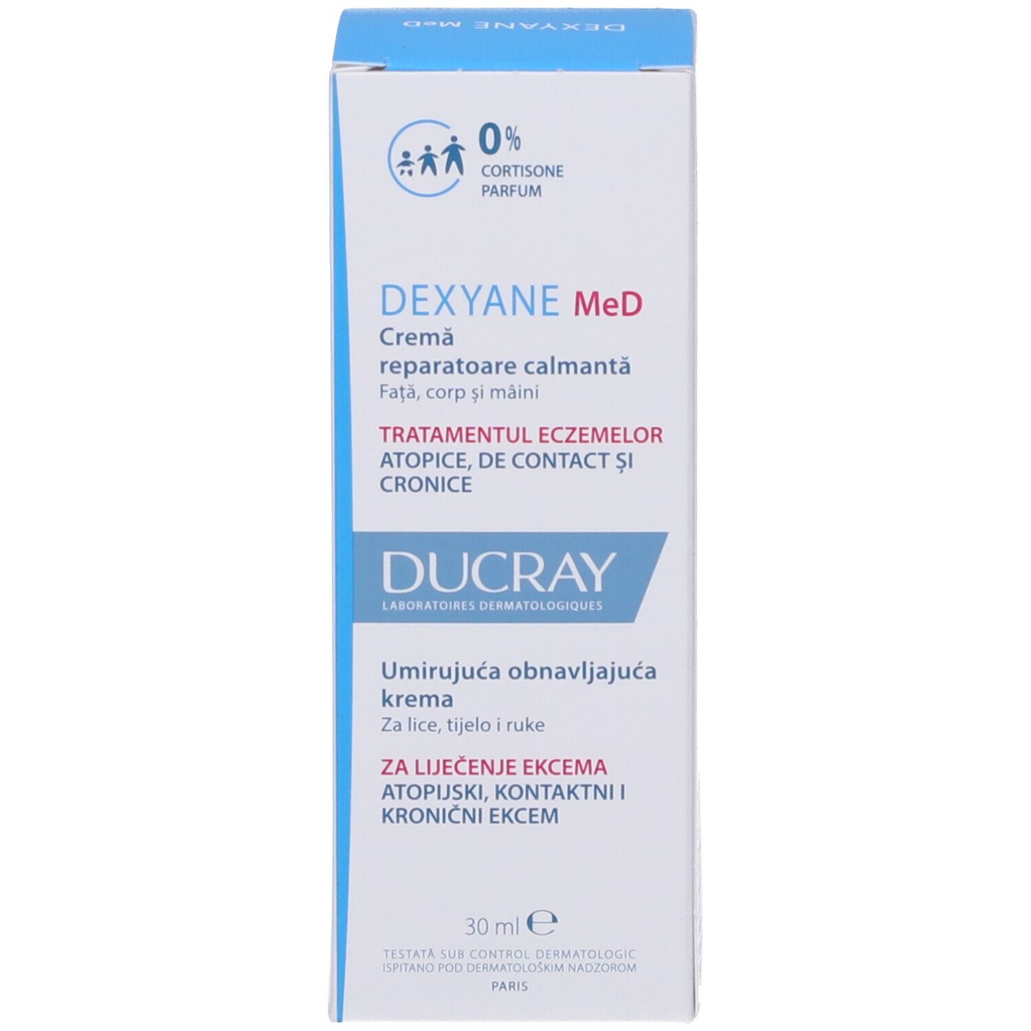 Scatola con scritte blu. Marchio: Dexyane MeD, Ducray. Crema per viso, corpo e mani. 30ml.