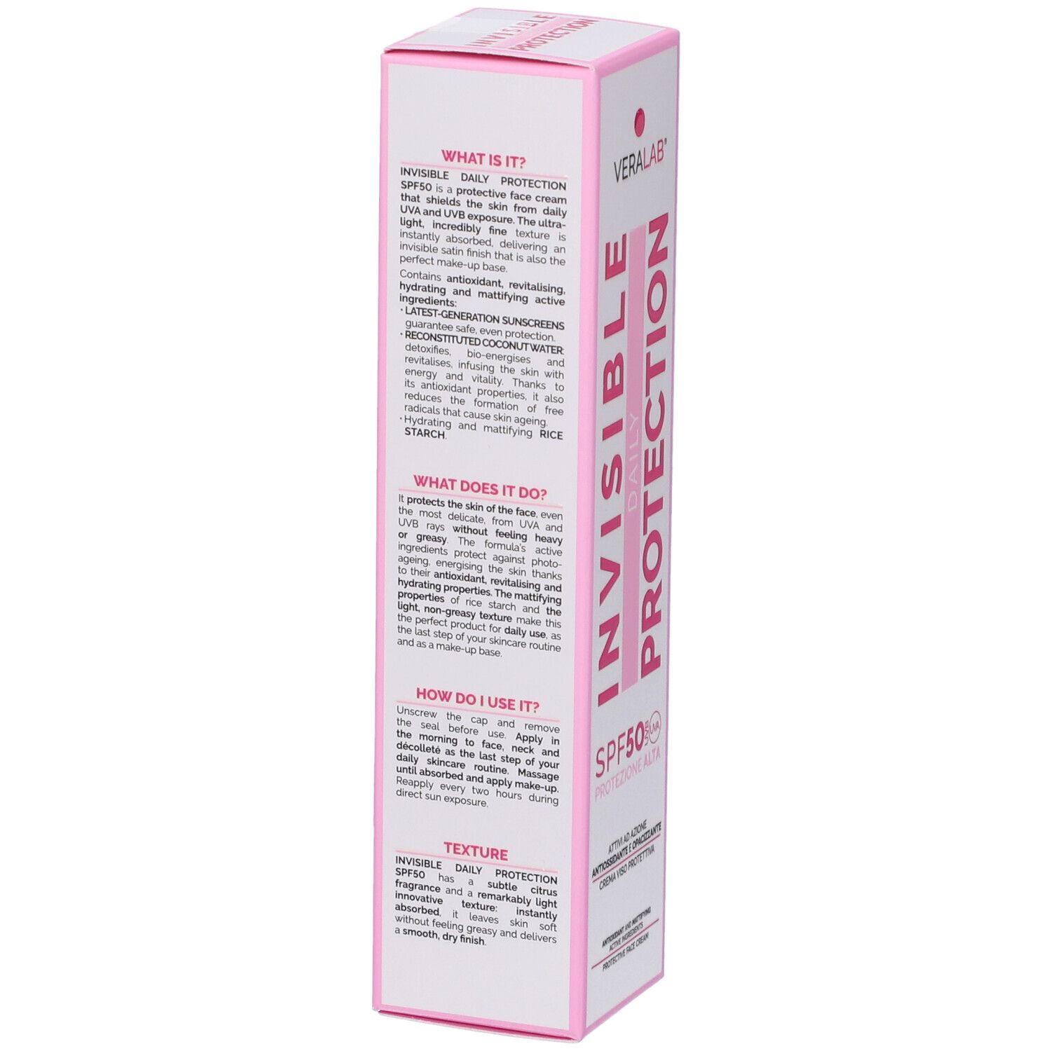 Confezione rosa e bianca con testo. Testo: Invisible Daily Protection, SPF50, Veralab. Informazioni sul prodotto e istruzioni.