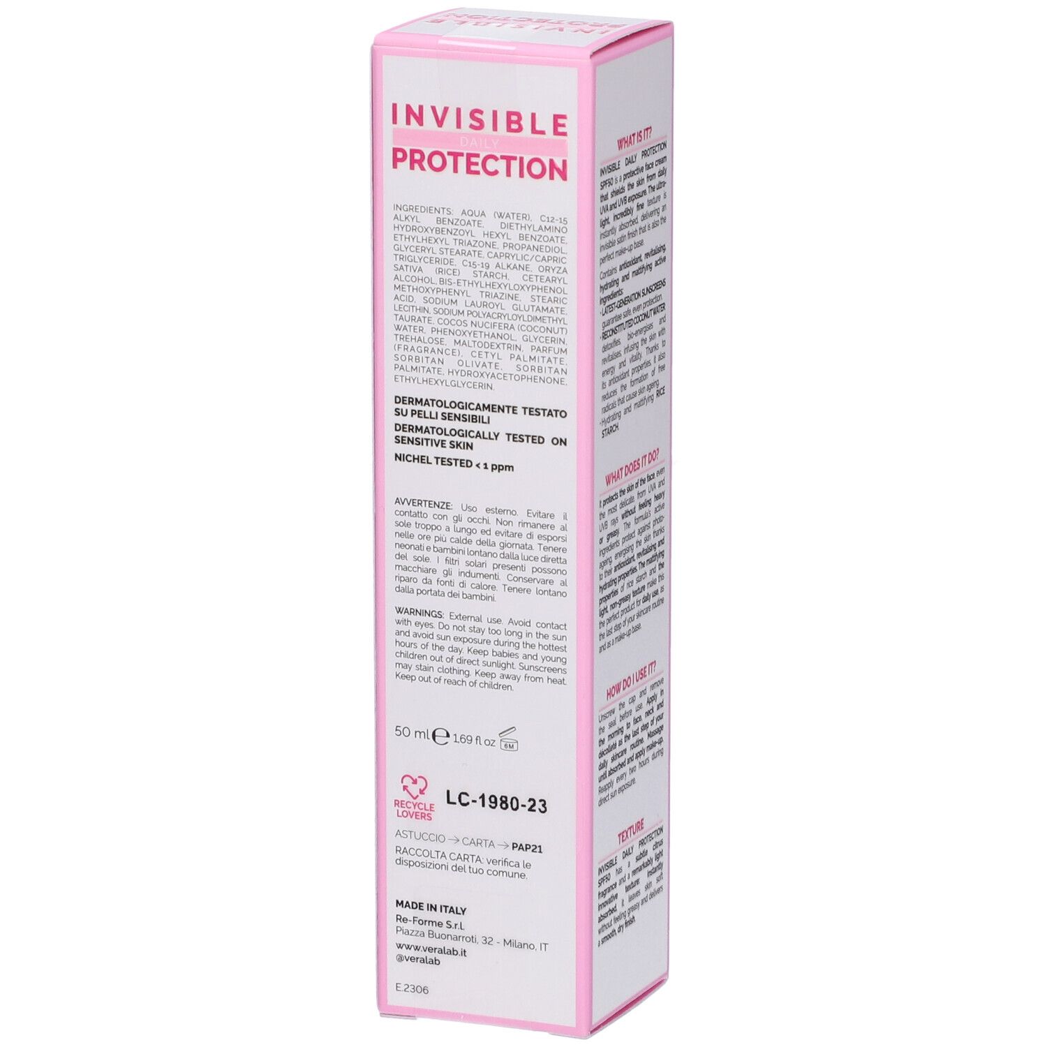 Confezione rosa e bianca con testo. Testo: Invisible Daily Protection, Veralab. Ingredienti, avvertenze e informazioni.