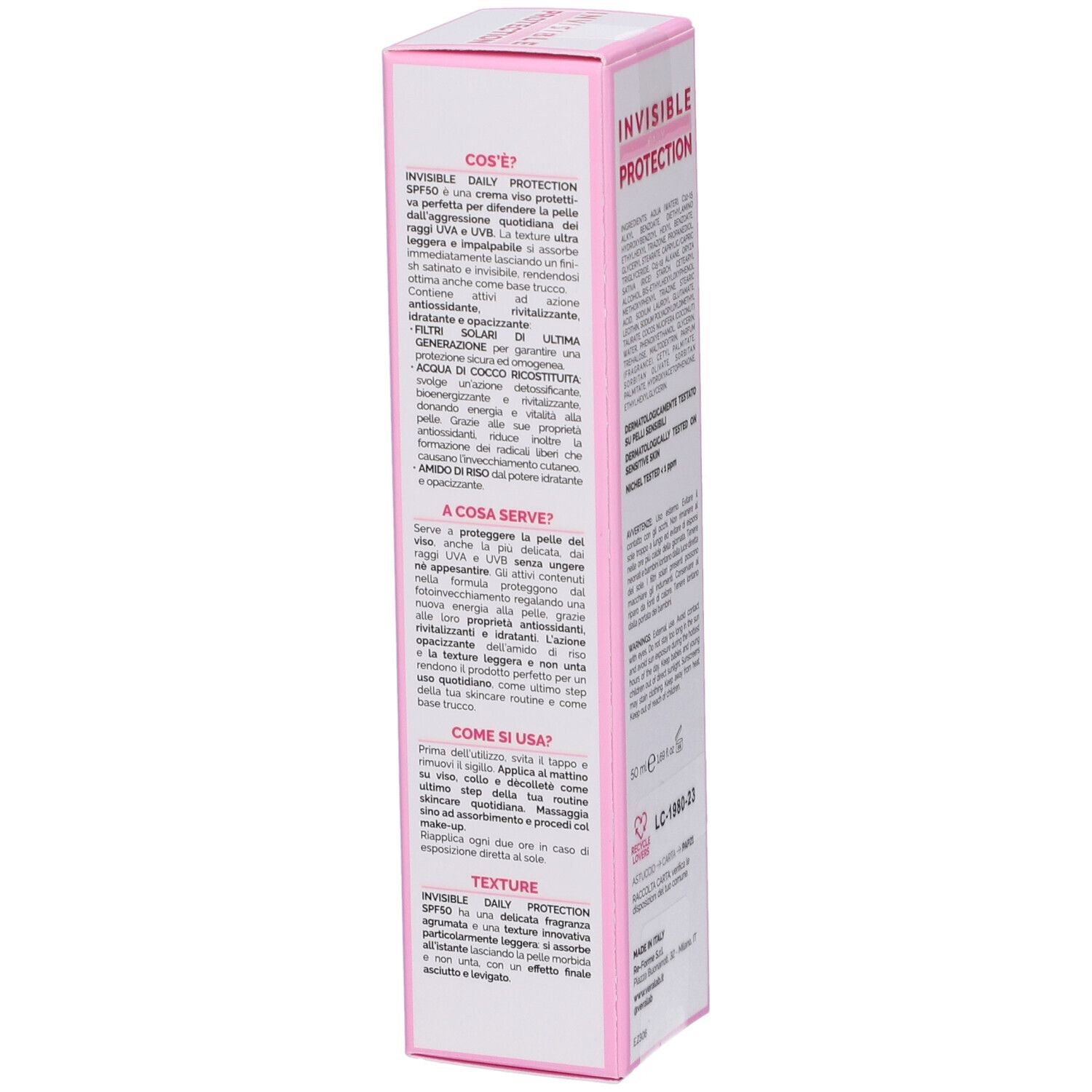Confezione rosa e bianca con testo. Testo: Invisible Daily Protection, SPF50, Veralab. Informazioni sul prodotto e istruzioni.