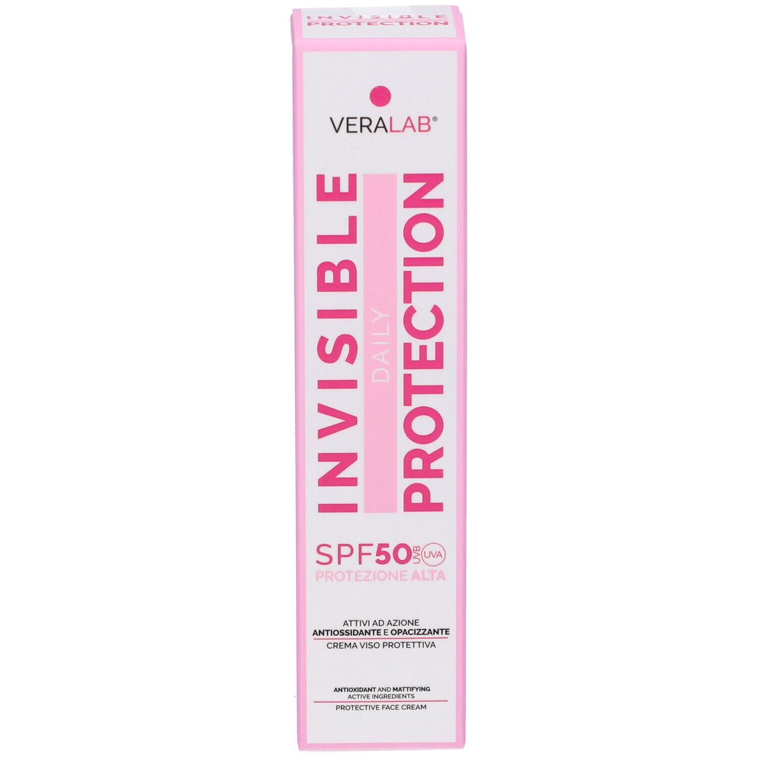 Confezione rosa e bianca con nome prodotto e SPF50. Testo: Invisible Daily Protection, Veralab. Crema protettiva.