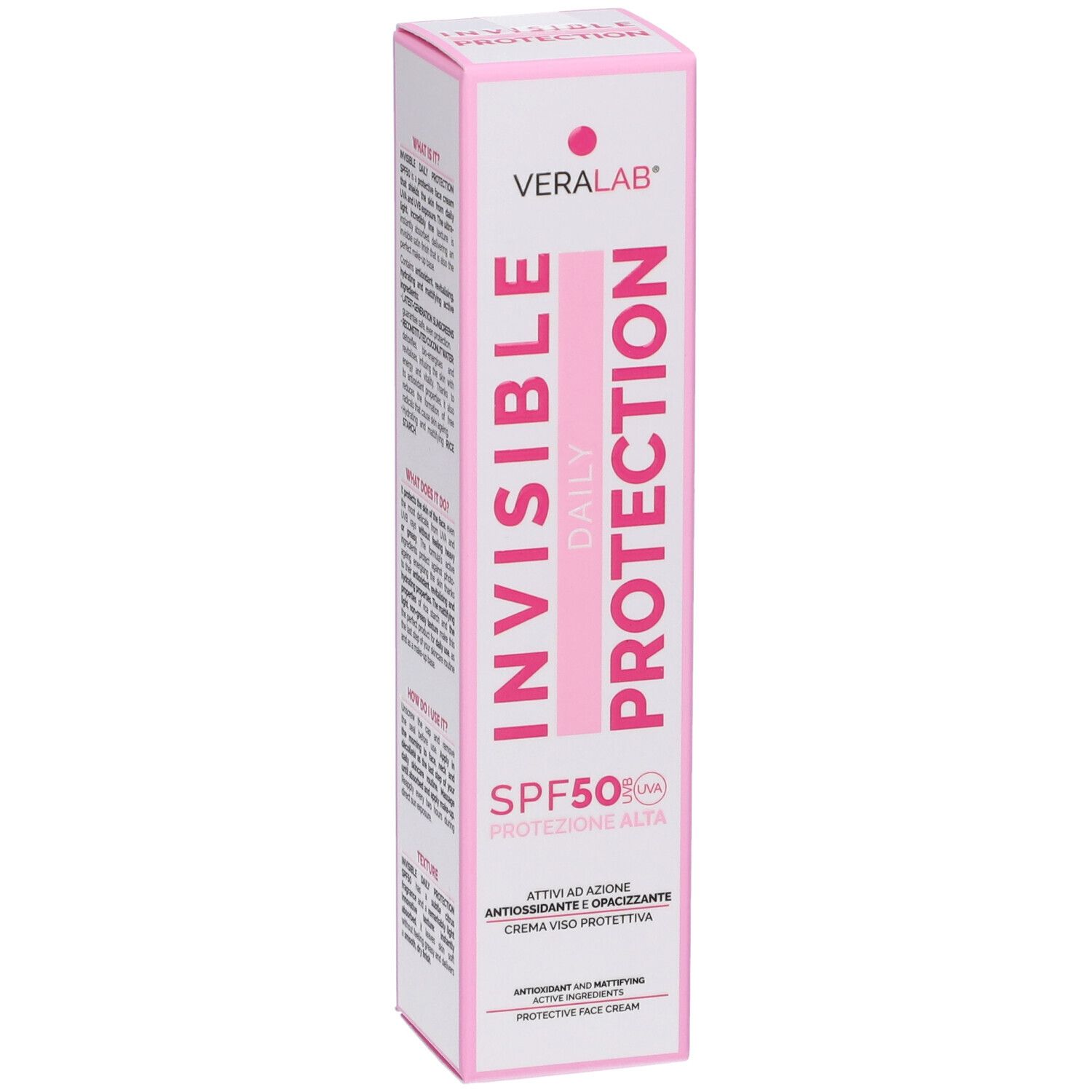 Confezione rosa e bianca con nome prodotto e SPF50. Testo: Invisible Daily Protection, Veralab. Crema protettiva.