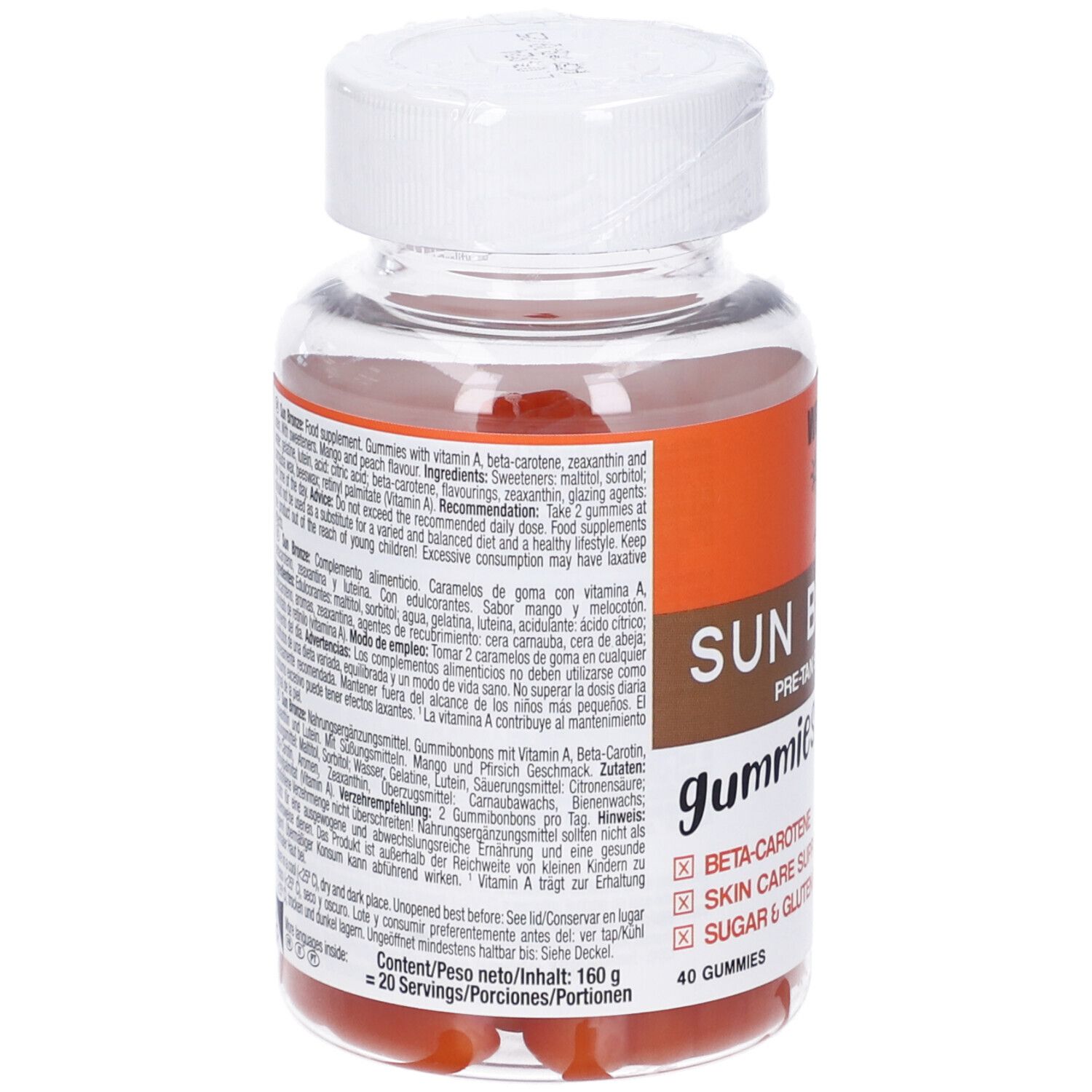 Retro del flacone con testo. Contiene informazioni nutrizionali e ingredienti. 40 caramelle gommose. 160g. Gusto mango-pesca.