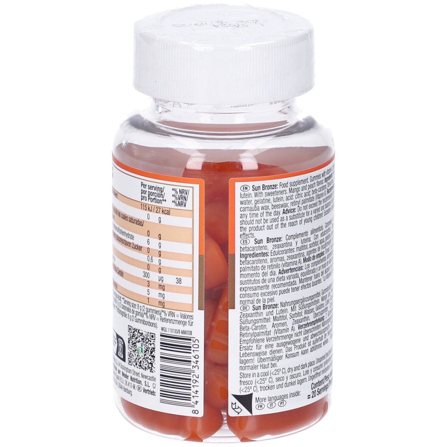 Vista posteriore del flacone con testo. Contiene informazioni nutrizionali e ingredienti. 20 porzioni. Gusto mango-pesca.