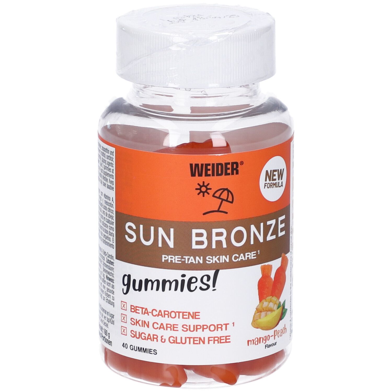 Flacone trasparente con tappo bianco. Scritta: Weider Sun Bronze Gummies. Gusto mango-pesca. Contiene beta-carotene.