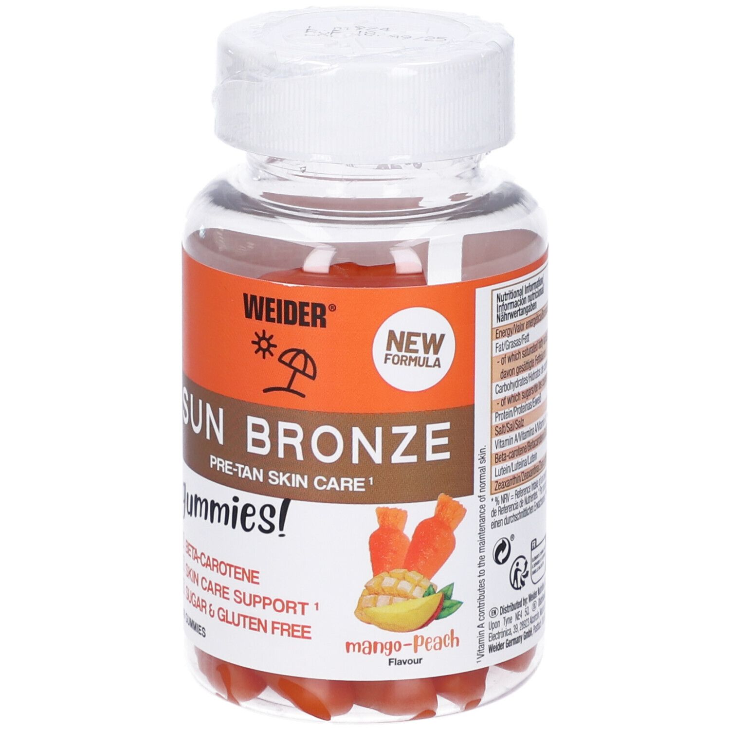 Flacone trasparente con tappo bianco. Scritta: Weider Sun Bronze Gummies. Gusto mango-pesca. Contiene beta-carotene.