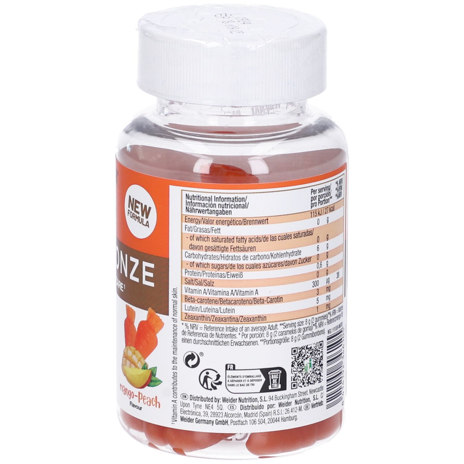 Retro del flacone con testo. Contiene informazioni nutrizionali e ingredienti. 20 porzioni. Gusto mango-pesca.