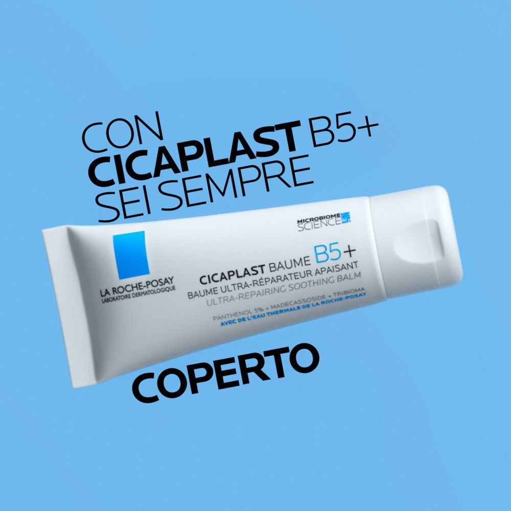Tubo La Roche-Posay Cicaplast Baume B5+ su sfondo blu.