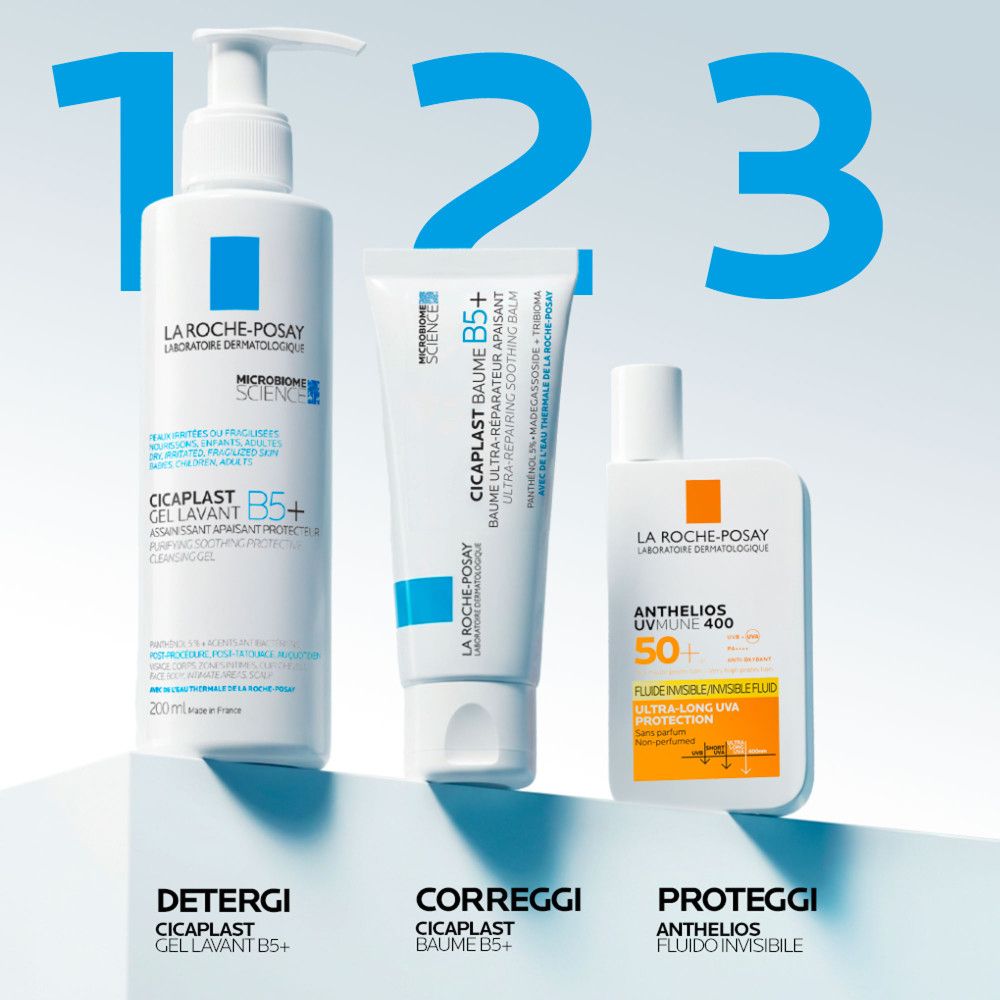 Tre prodotti La Roche-Posay: Gel detergente, Cicaplast Baume B5+ e protezione solare.