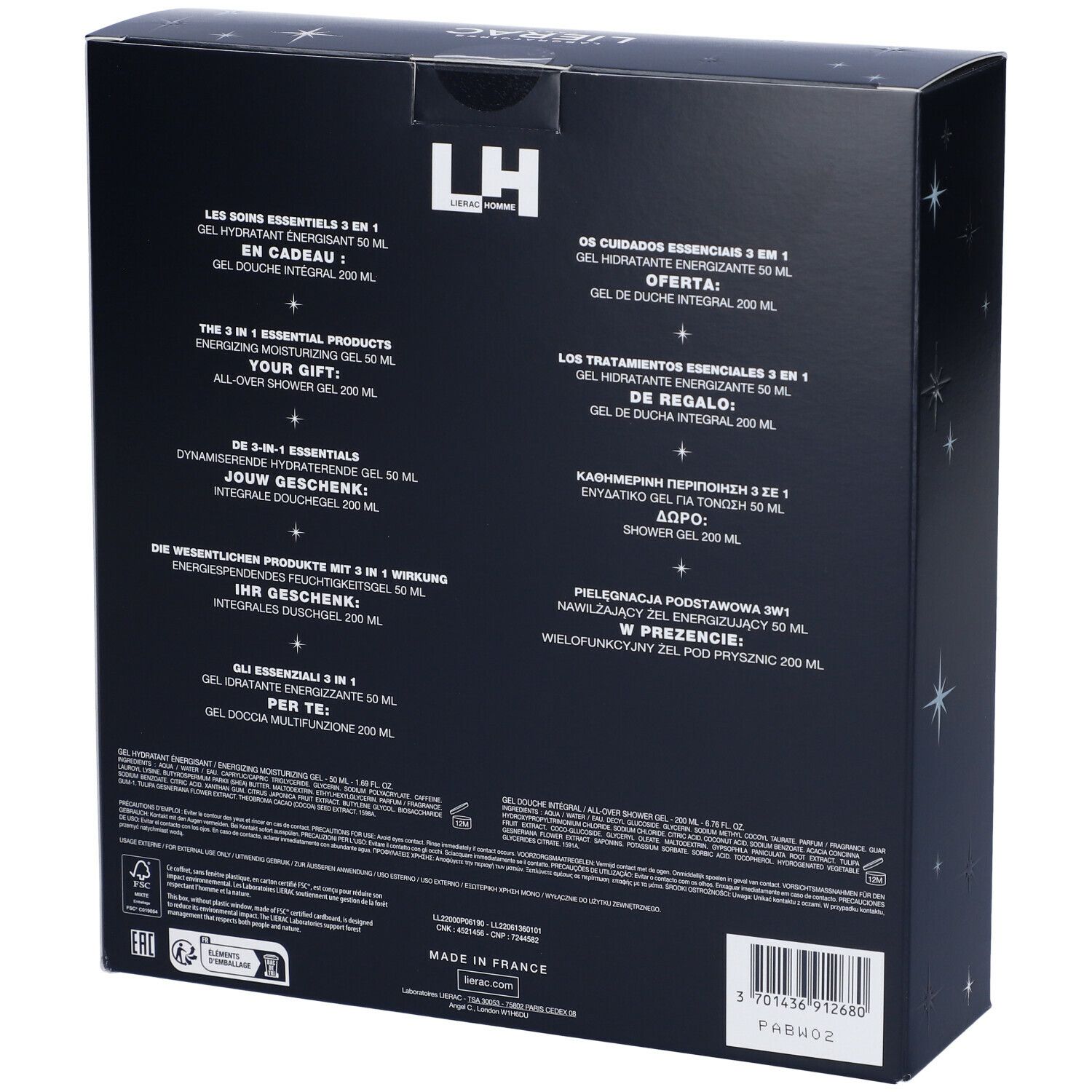 Retro della confezione regalo. Testo in più lingue. Contiene informazioni sul prodotto e codice a barre.