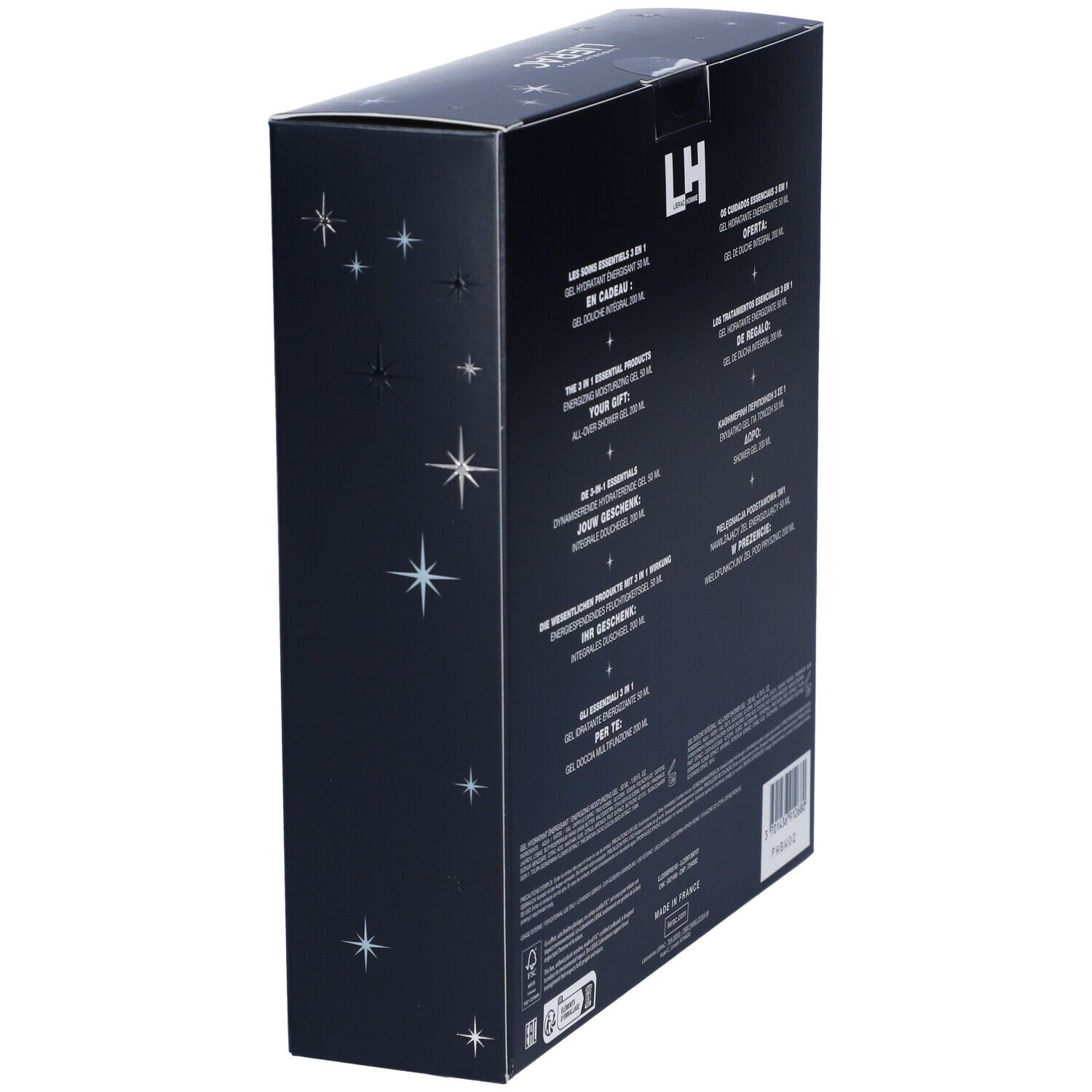 Vista laterale della confezione regalo. Testo in più lingue. Stelle su sfondo blu scuro.