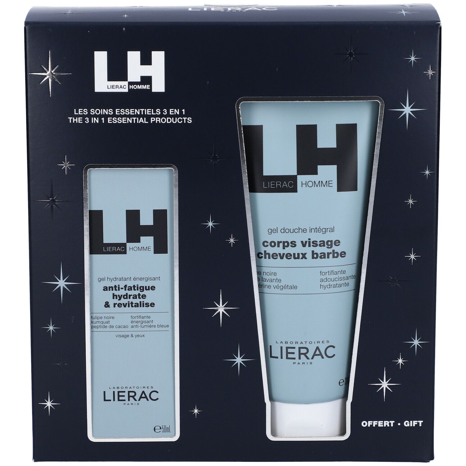 Set regalo con due prodotti. Visibili: tubi blu con testo bianco. Marchio Lierac. Stelle su sfondo blu scuro.