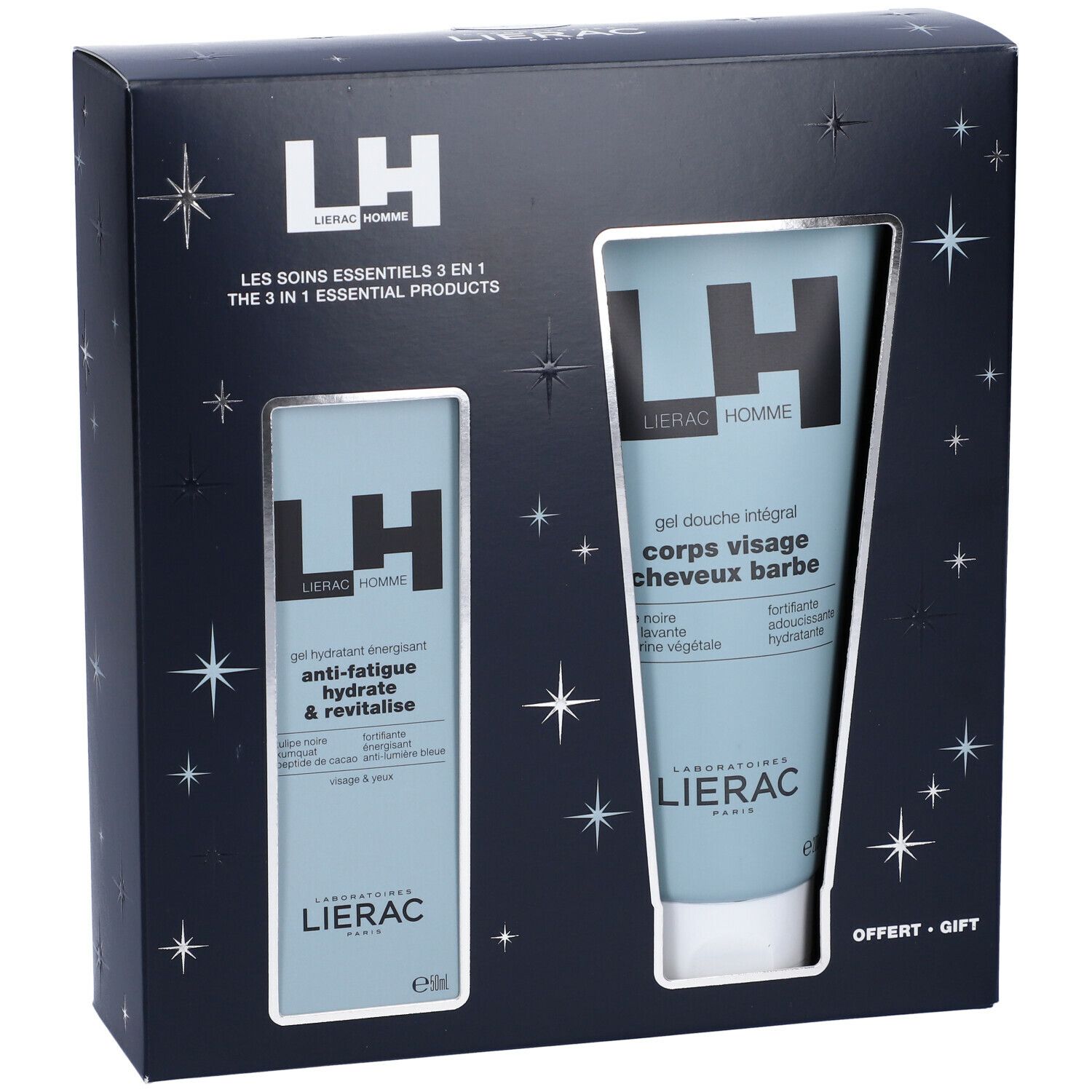 Set regalo con due prodotti. Visibili: tubi blu con testo bianco. Marchio Lierac. Stelle su sfondo blu scuro.