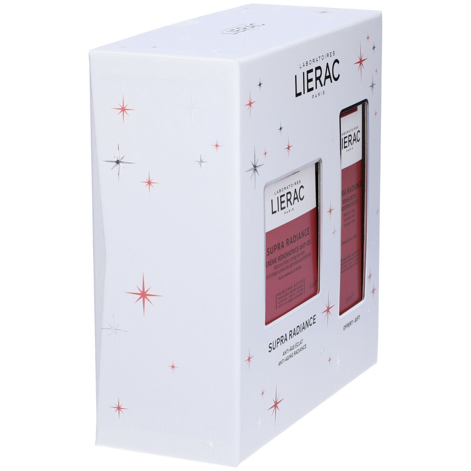 Vista laterale della confezione regalo Lierac Supra Radiance. Scatola bianca con motivo a stelle. Contiene crema e siero.