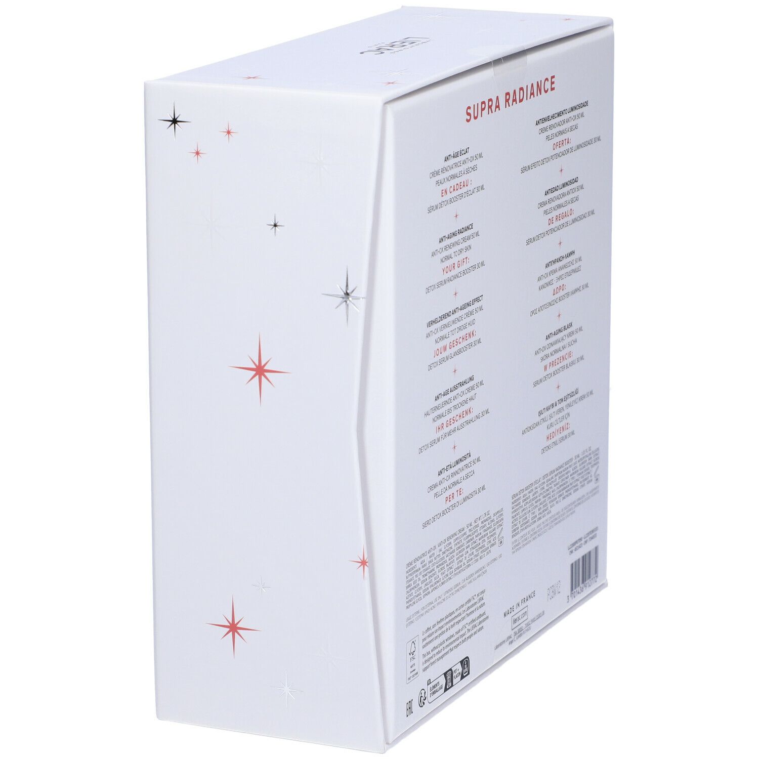 Retro della confezione regalo Lierac Supra Radiance. Informazioni testuali su sfondo bianco. Stelle come decorazione.