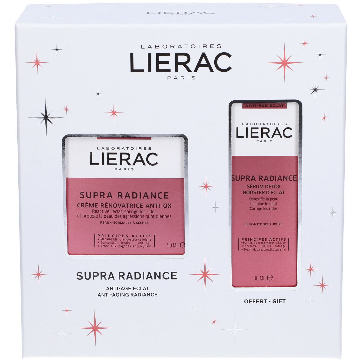 Confezione regalo Lierac Supra Radiance con crema e siero. Scatola bianca con motivo a stelle. Nomi e loghi dei prodotti visibili.