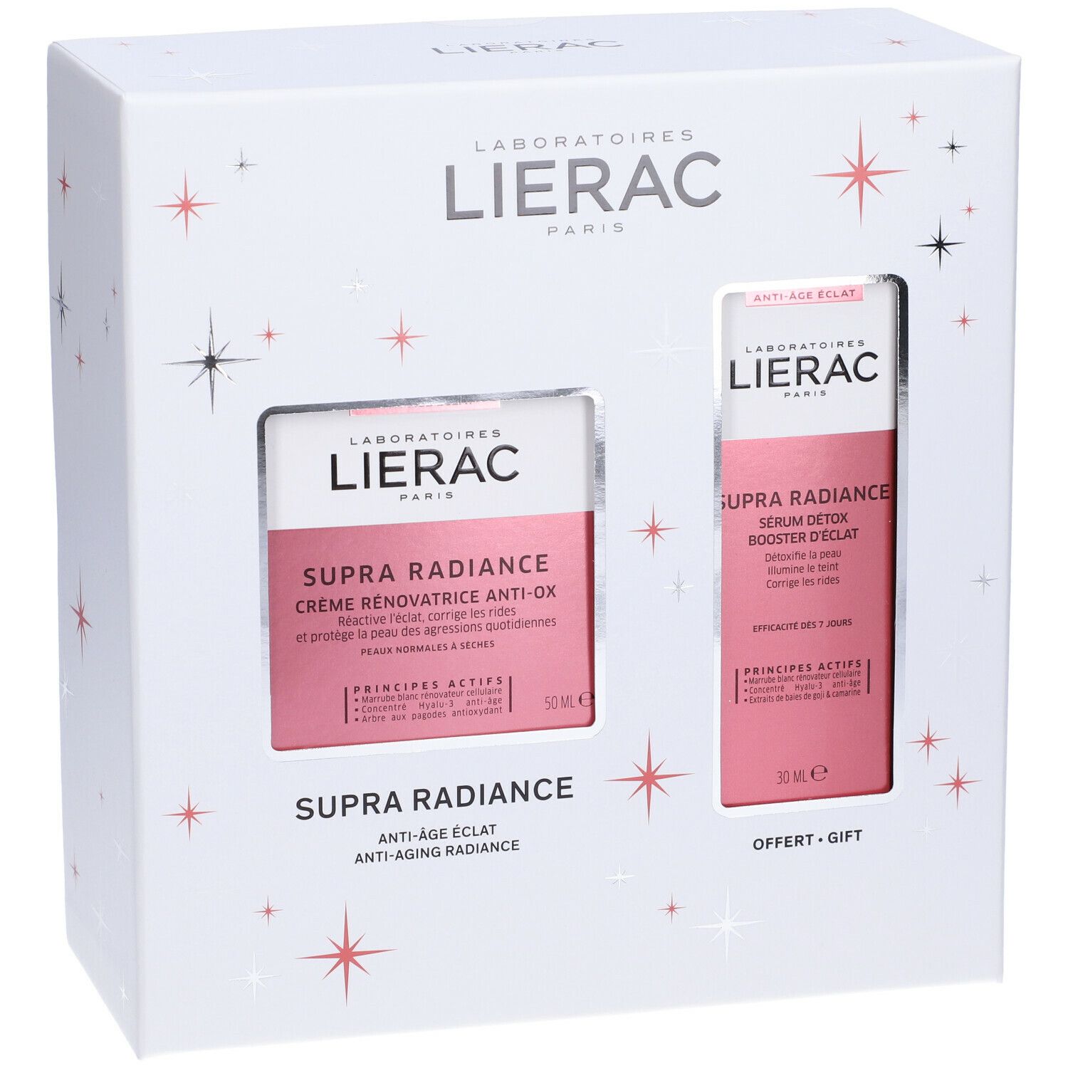 Confezione regalo Lierac Supra Radiance con crema e siero. Scatola bianca con motivo a stelle. Prodotti e loghi chiaramente visibili.