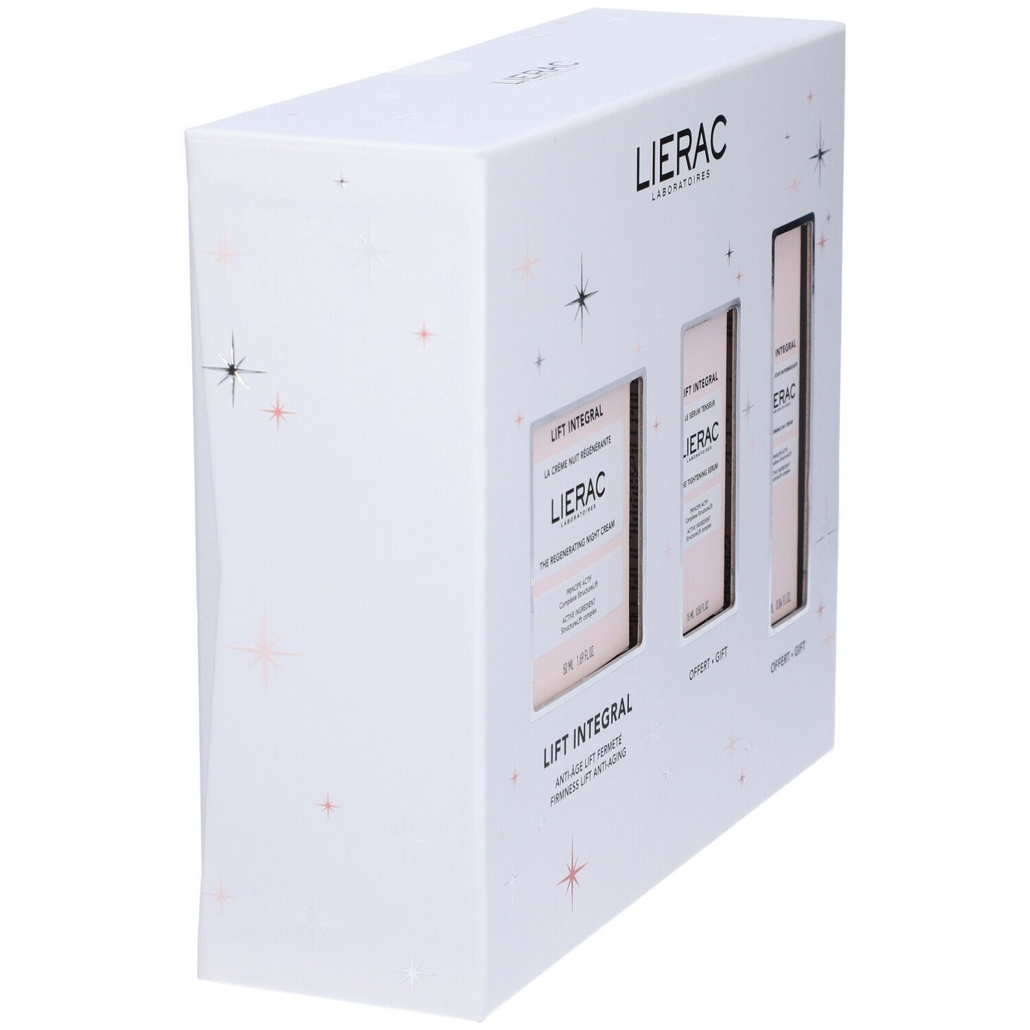 Set regalo con tre prodotti. Scritta Lierac e Lift Integral. Confezione rosa e bianca. Vista laterale con nomi dei prodotti e logo.