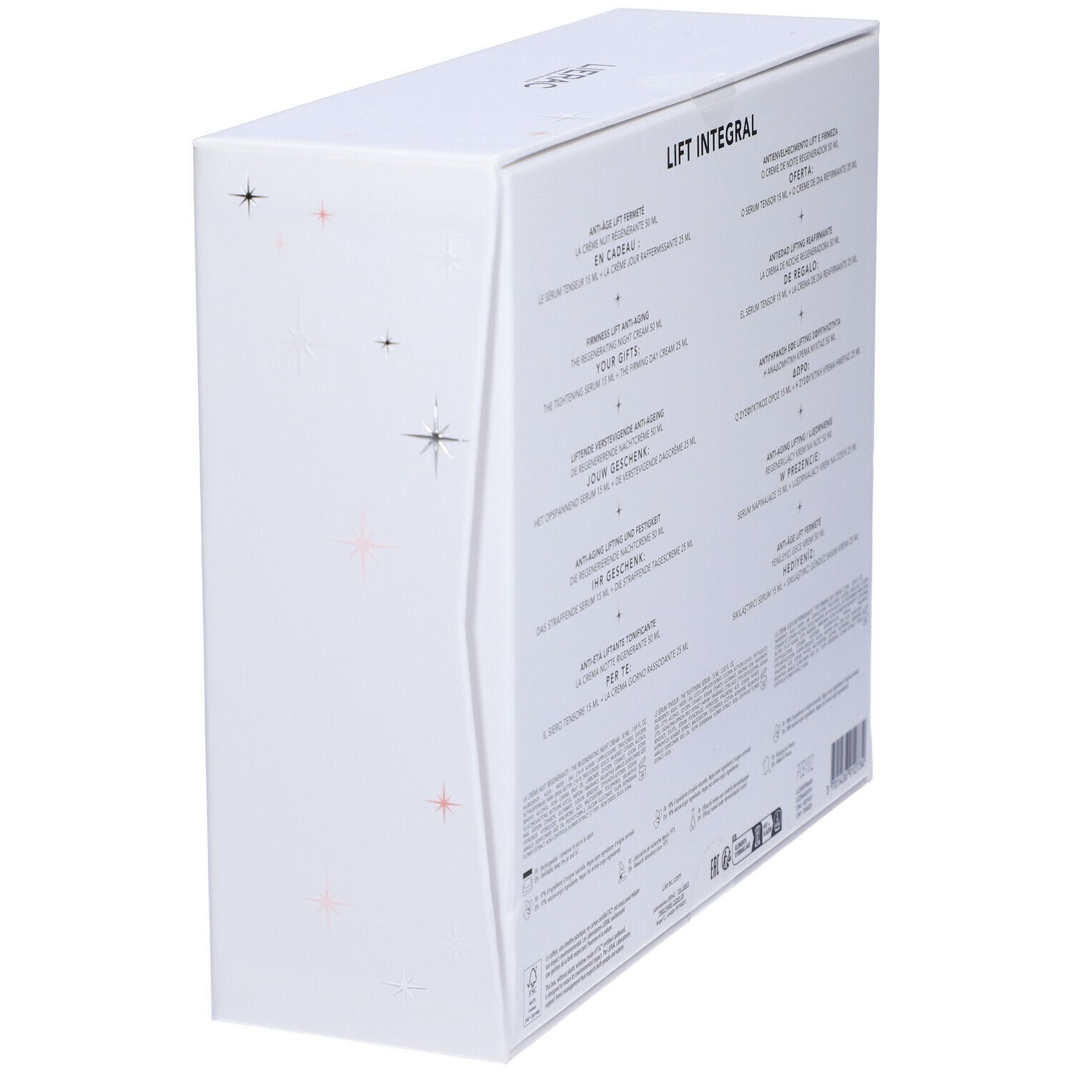 Confezione bianca con informazioni sul prodotto. Scritta Lierac e Lift Integral. Testo in più lingue. Retro del set regalo.