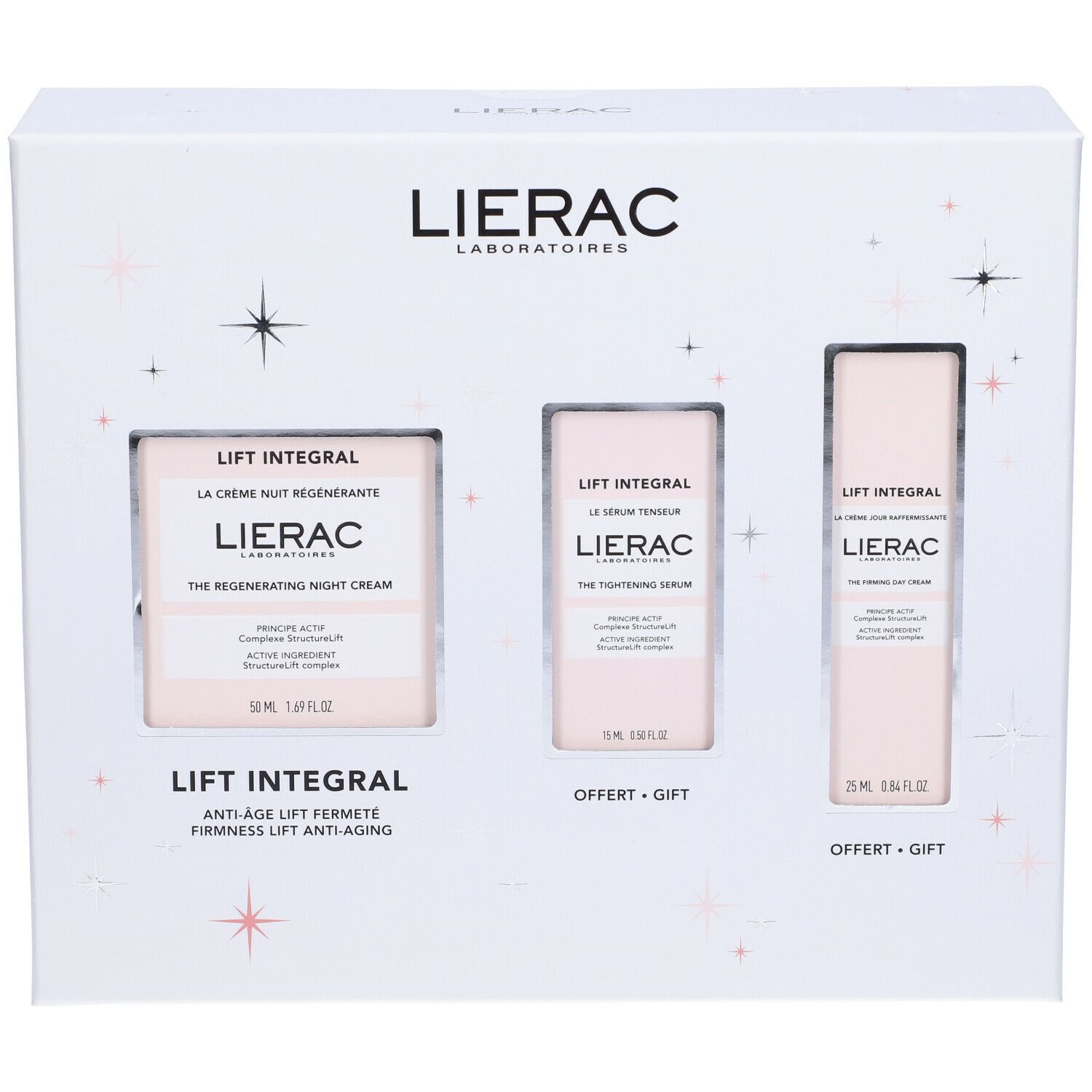 Set regalo con tre prodotti. Scritta Lierac e Lift Integral. Contiene crema notte, siero e crema giorno. Confezione rosa e bianca.