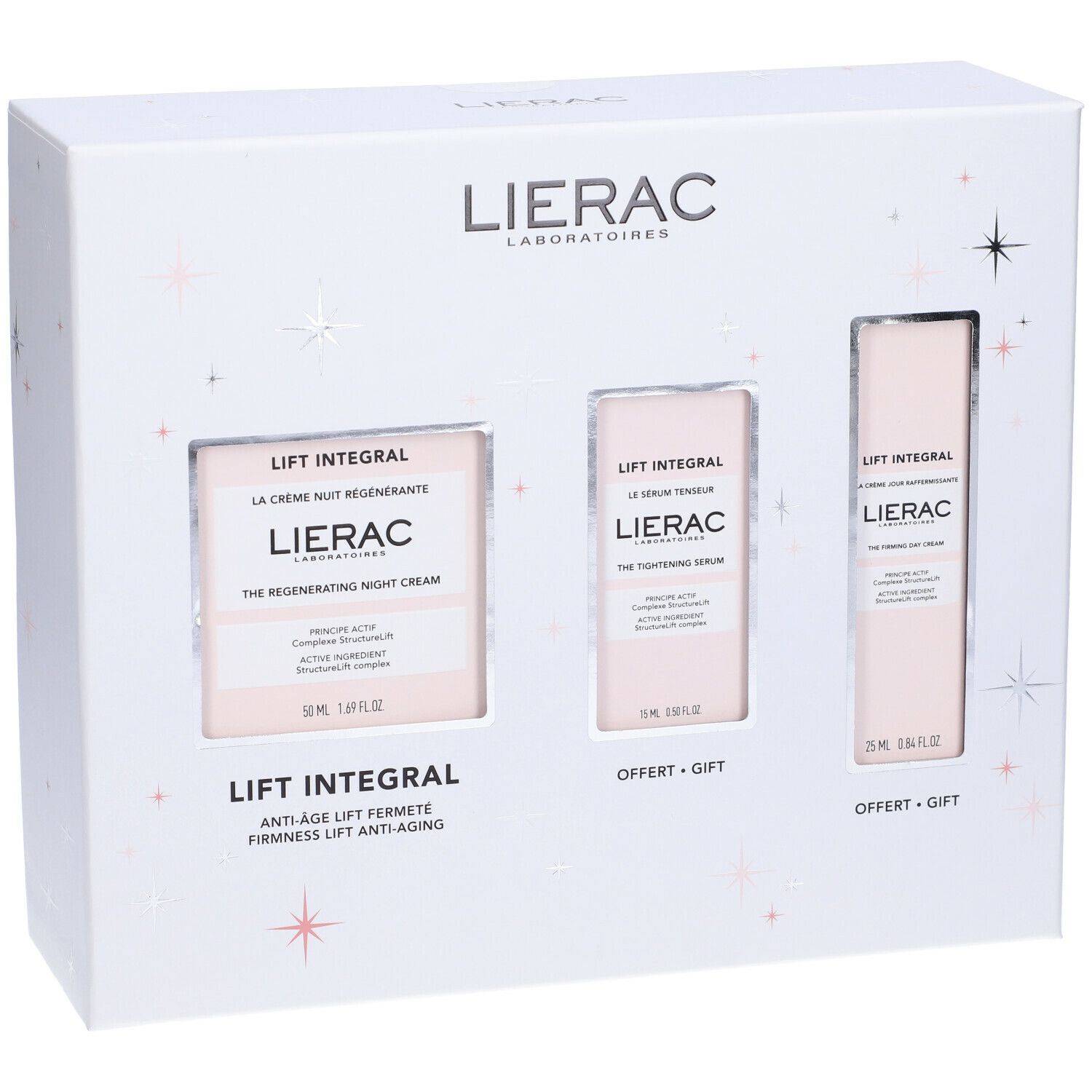 Set regalo con tre prodotti. Scritta Lierac e Lift Integral. Contiene crema notte, siero e crema giorno. Confezione rosa e bianca.