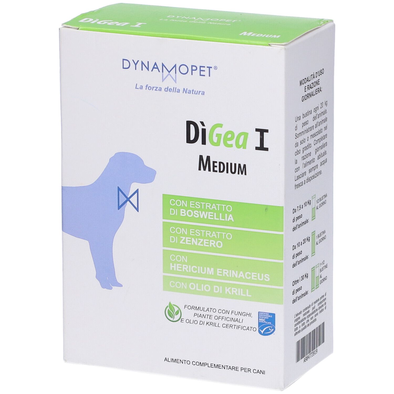 Confezione di Digea I Medium. Contiene Boswellia, zenzero, Hericium erinaceus e olio di krill. Per cani.