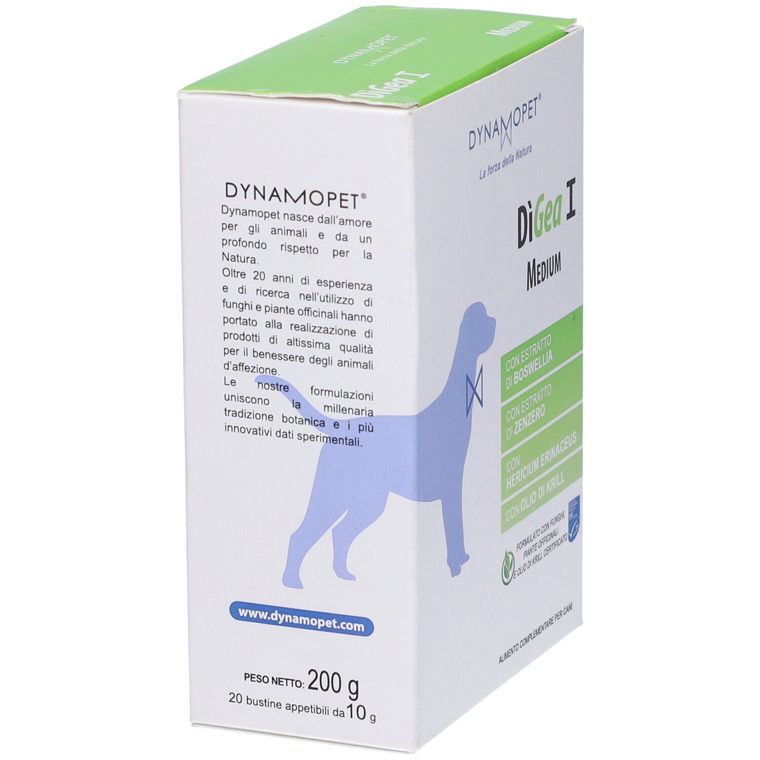Confezione di Digea I Medium. Contiene Boswellia, zenzero, Hericium erinaceus e olio di krill. Per cani.