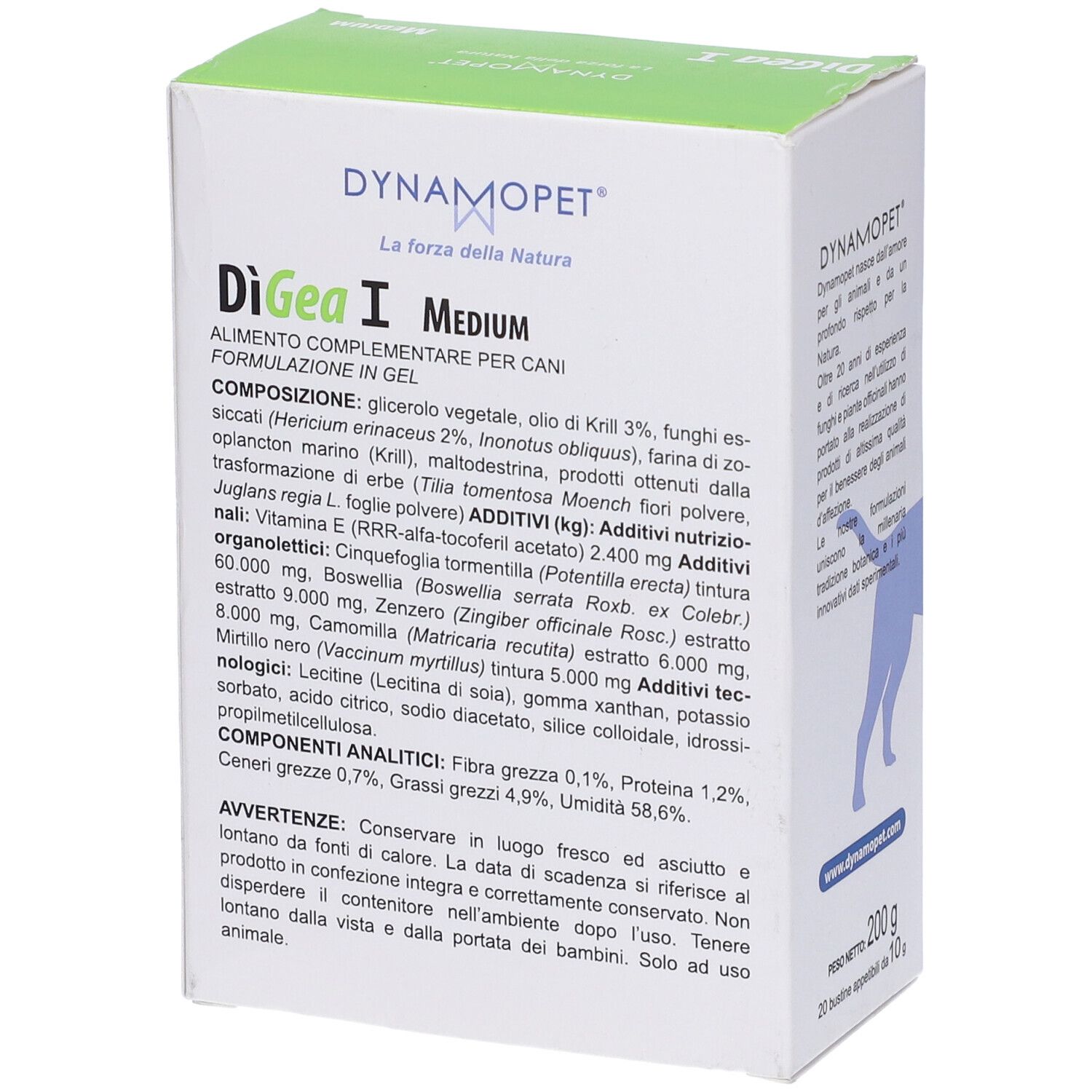 Confezione di Digea I Medium. Contiene Boswellia, zenzero, Hericium erinaceus e olio di krill. Per cani. Ingredienti.