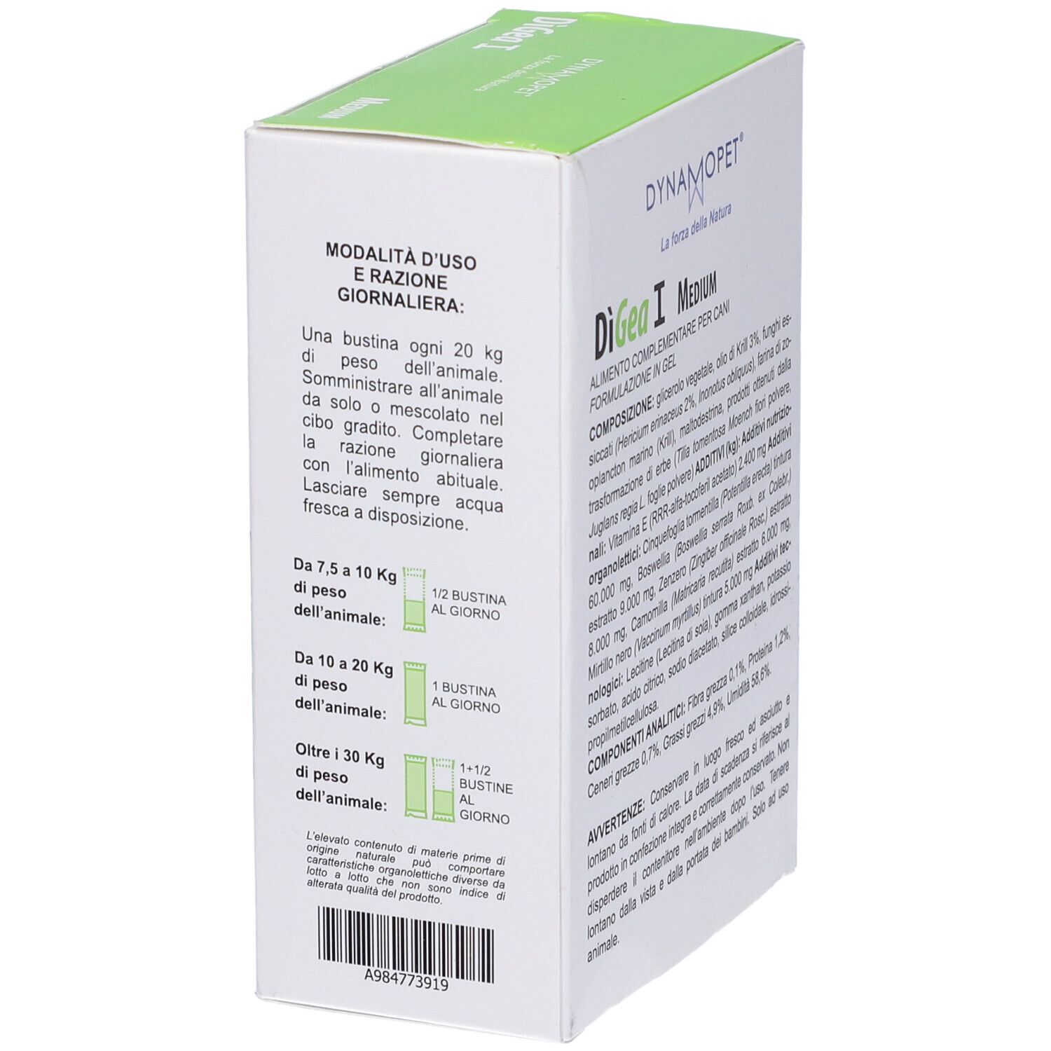 Confezione di Digea I Medium. Contiene Boswellia, zenzero, Hericium erinaceus e olio di krill. Per cani. Dosaggio.
