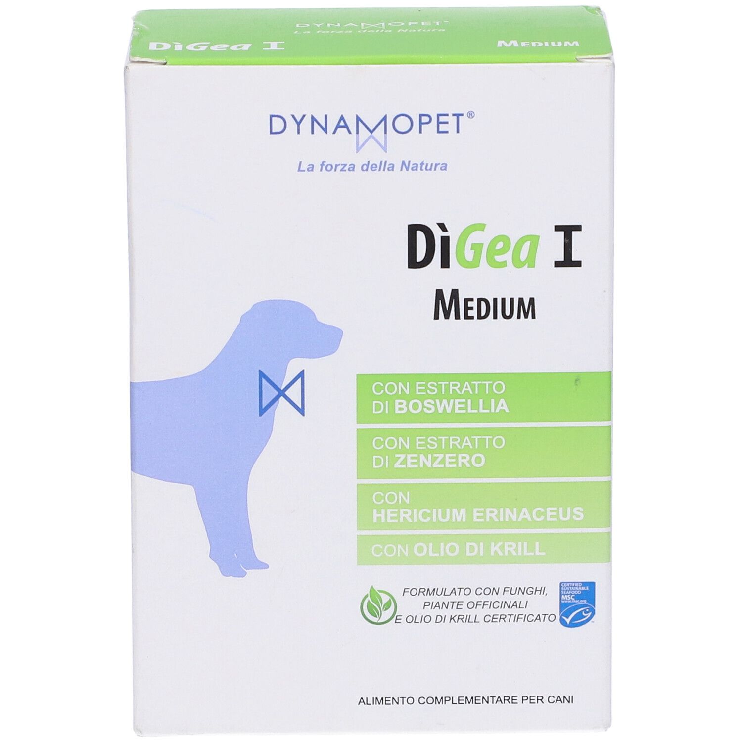 Confezione di Digea I Medium. Contiene Boswellia, zenzero, Hericium erinaceus e olio di krill. Per cani.