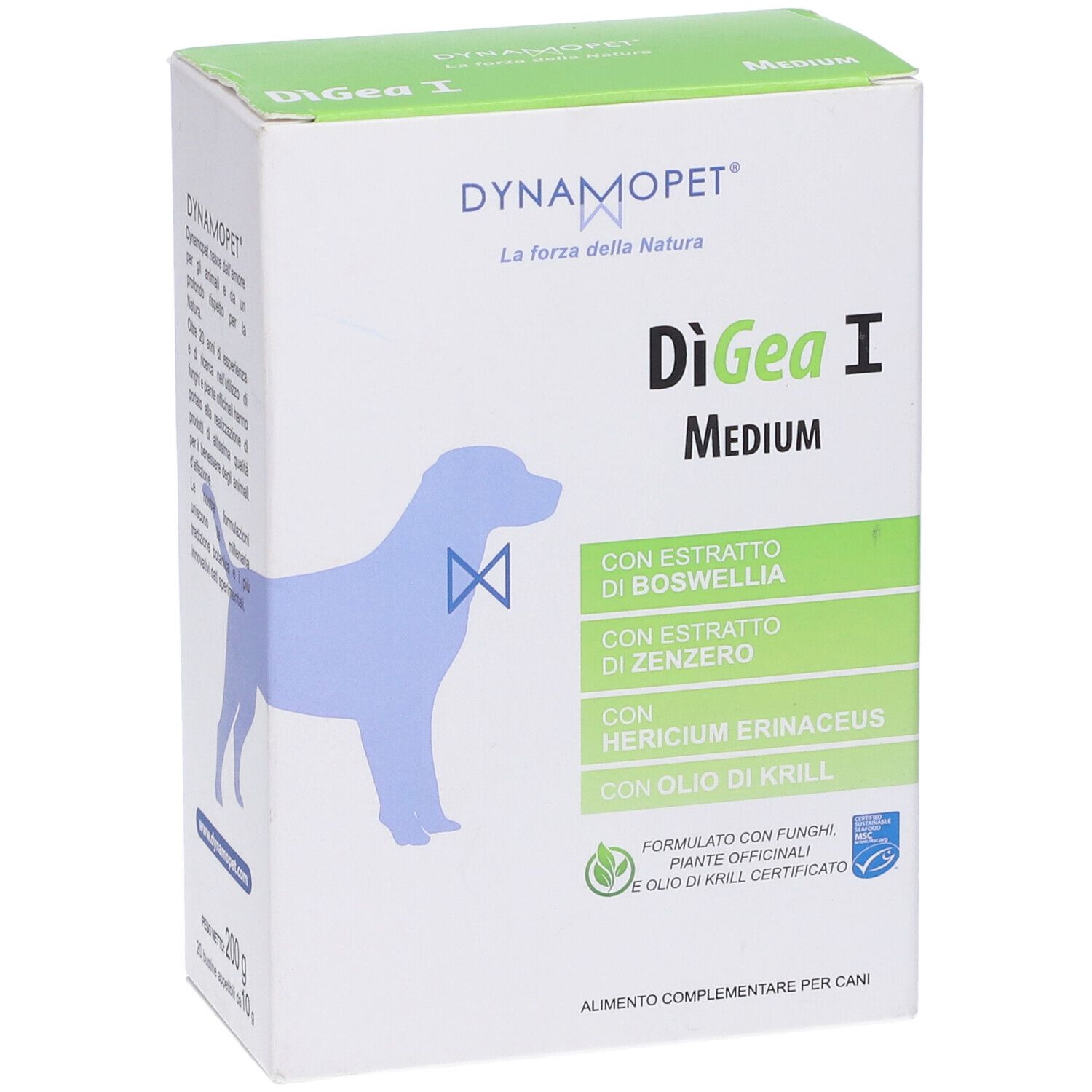 Confezione di Digea I Medium. Contiene Boswellia, zenzero, Hericium erinaceus e olio di krill. Per cani.