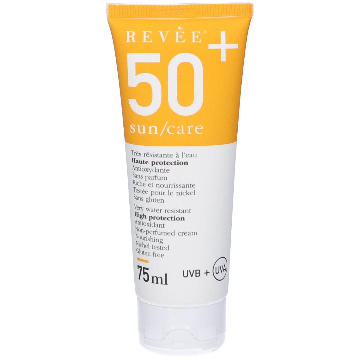 Tubo di crema solare. Tubo giallo e bianco con informazioni e logo. Contiene protezione UVB + UVA.