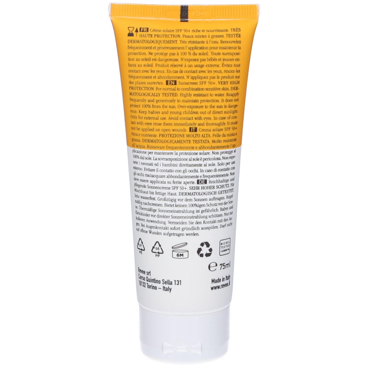 Retro del tubo di crema solare. Testo multilingue. Contiene informazioni sull'uso e sugli ingredienti.