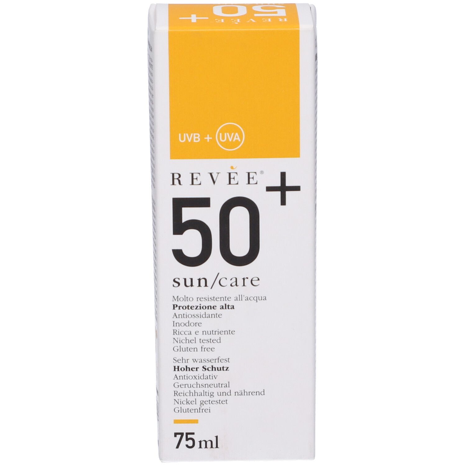 Confezione di crema solare. Scatola giallo-bianca con informazioni e logo. Contiene protezione UVB + UVA.
