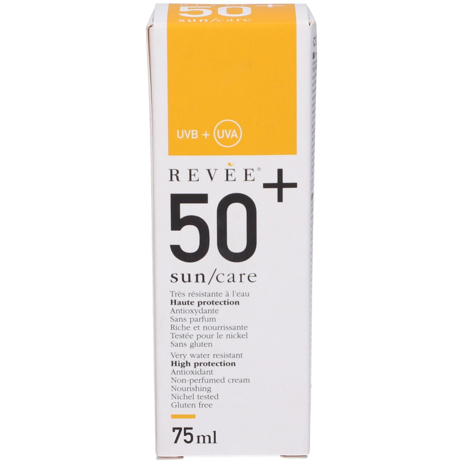 Confezione di crema solare. Scatola giallo-bianca con informazioni e logo. Contiene protezione UVB + UVA.