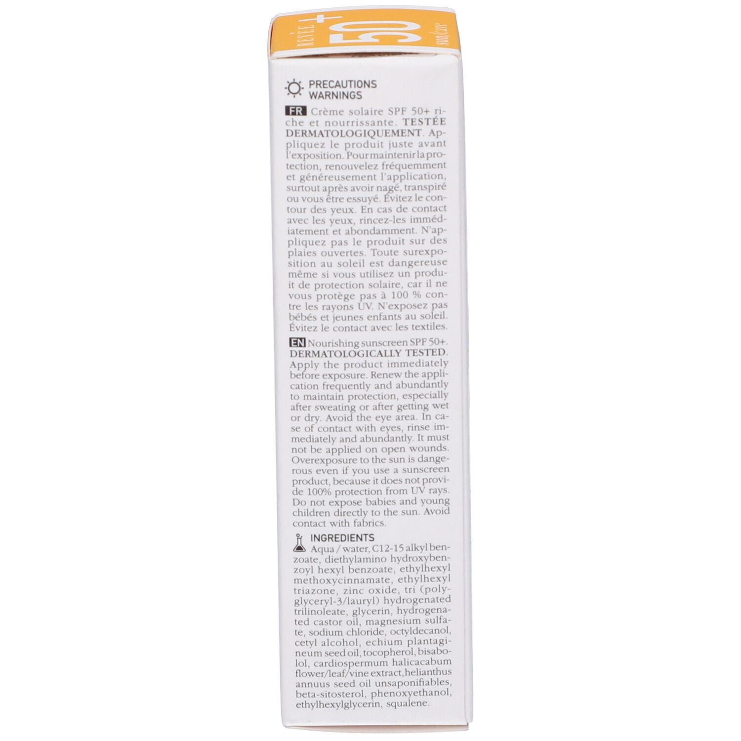 Retro della confezione di crema solare. Testo multilingue. Contiene informazioni sull'uso e sugli ingredienti.