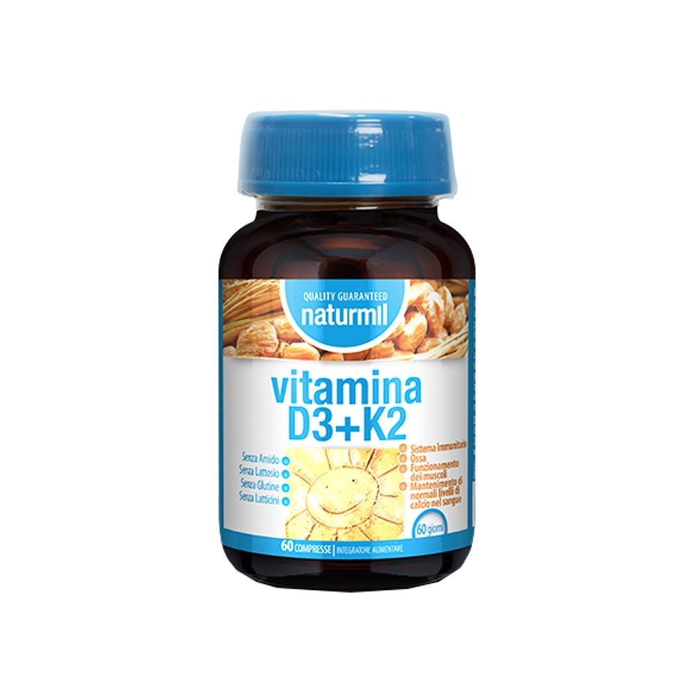Flacone marrone con tappo blu. L'etichetta riporta "naturmil vitamina D3+K2". Contiene 60 compresse.