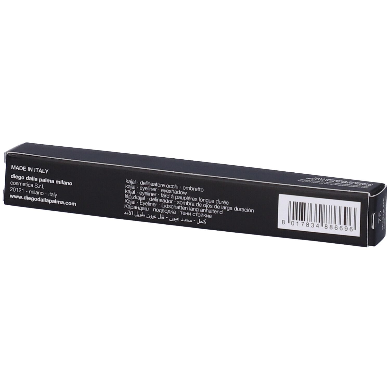 Confezione nera con informazioni prodotto. Marca Diego Dalla Palma. Kajal Eyeliner. Codice a barre e origine.