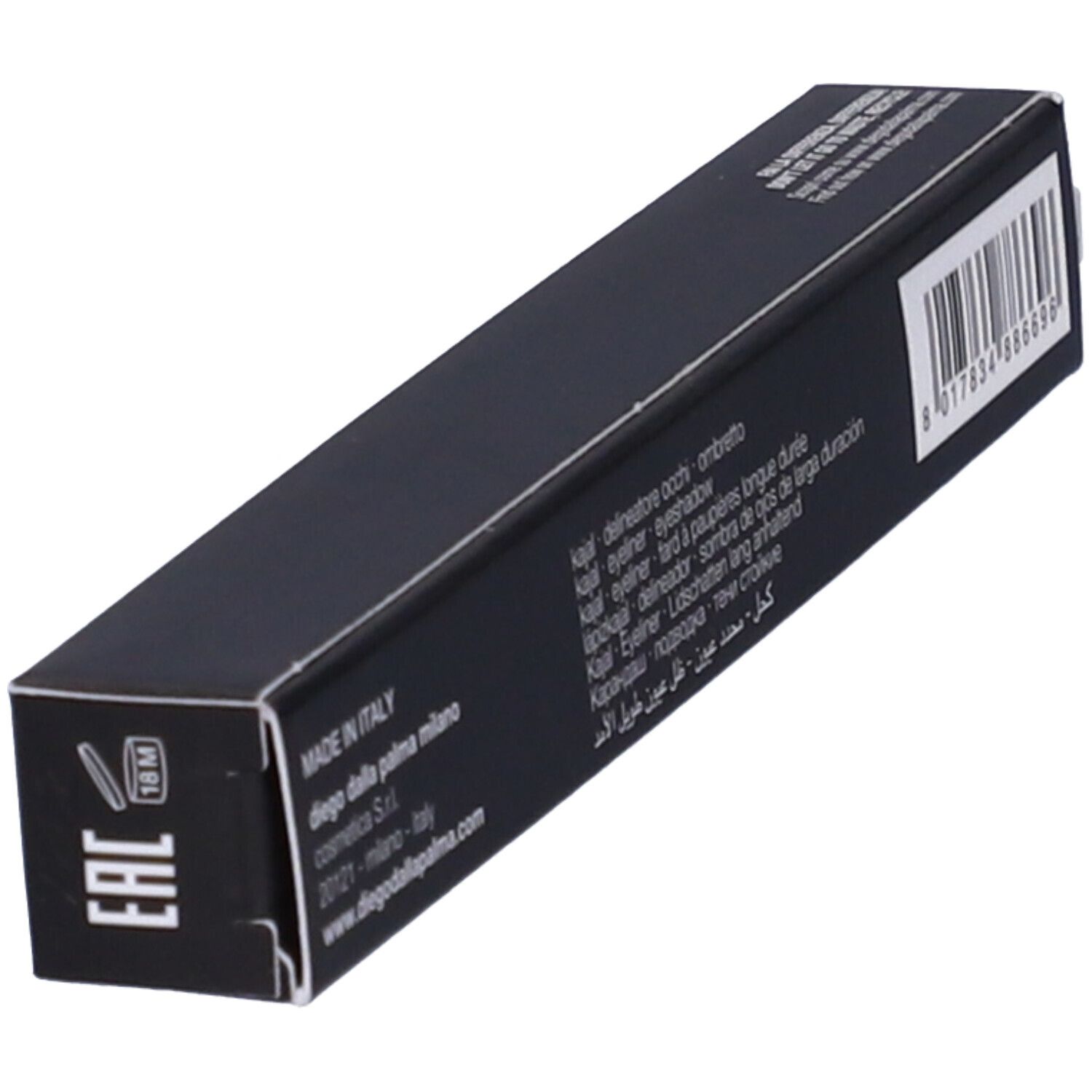 Confezione nera con informazioni prodotto. Marca Diego Dalla Palma. Kajal Eyeliner. Codice a barre e origine.