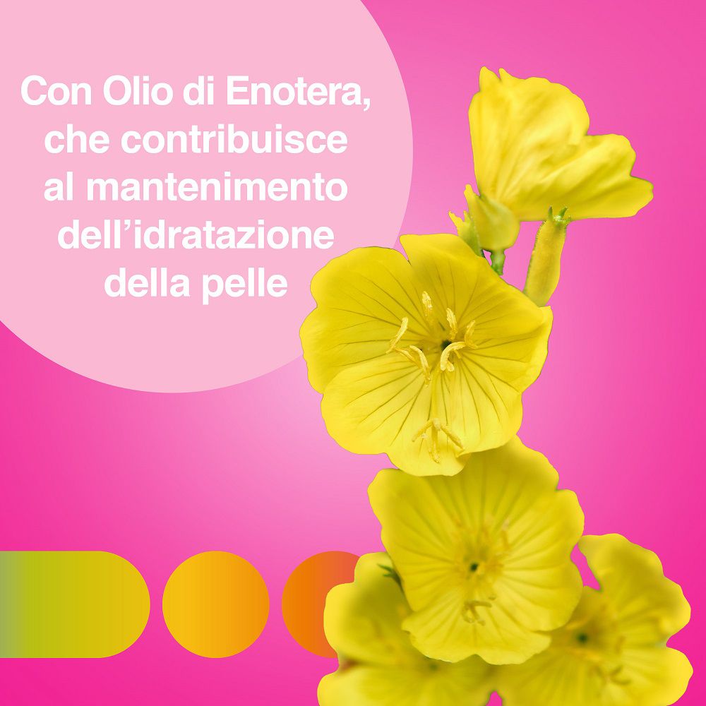Fiori gialli su sfondo rosa. Testo: Con olio di enotera, che contribuisce all'idratazione della pelle.