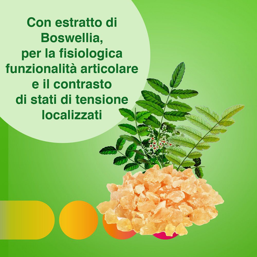 Primo piano di resina e foglie. Testo: Con estratto di Boswellia, per la fisiologica funzionalità articolare.
