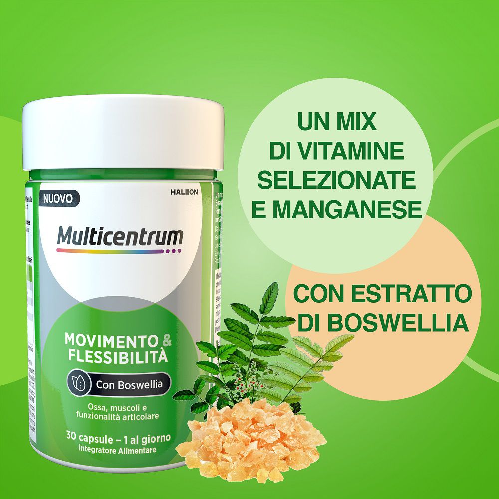Barattolo verde con coperchio bianco. Scritta: Multicentrum, Movimento & Flessibilità. Contiene 30 capsule.